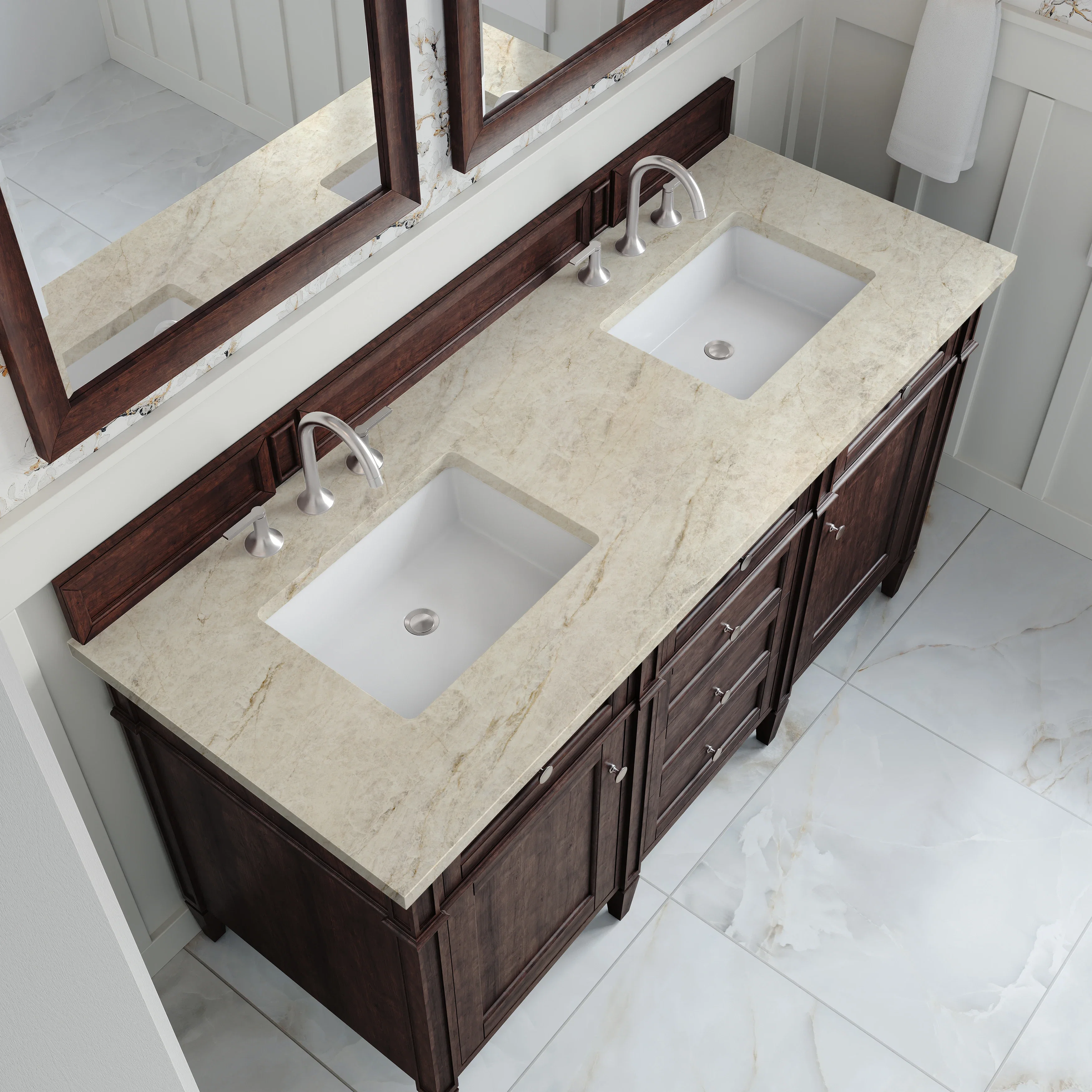 Brittany 60" Double Vanity, Burnished Mahogany, w/ 3 CM Tajnar Eclos Top