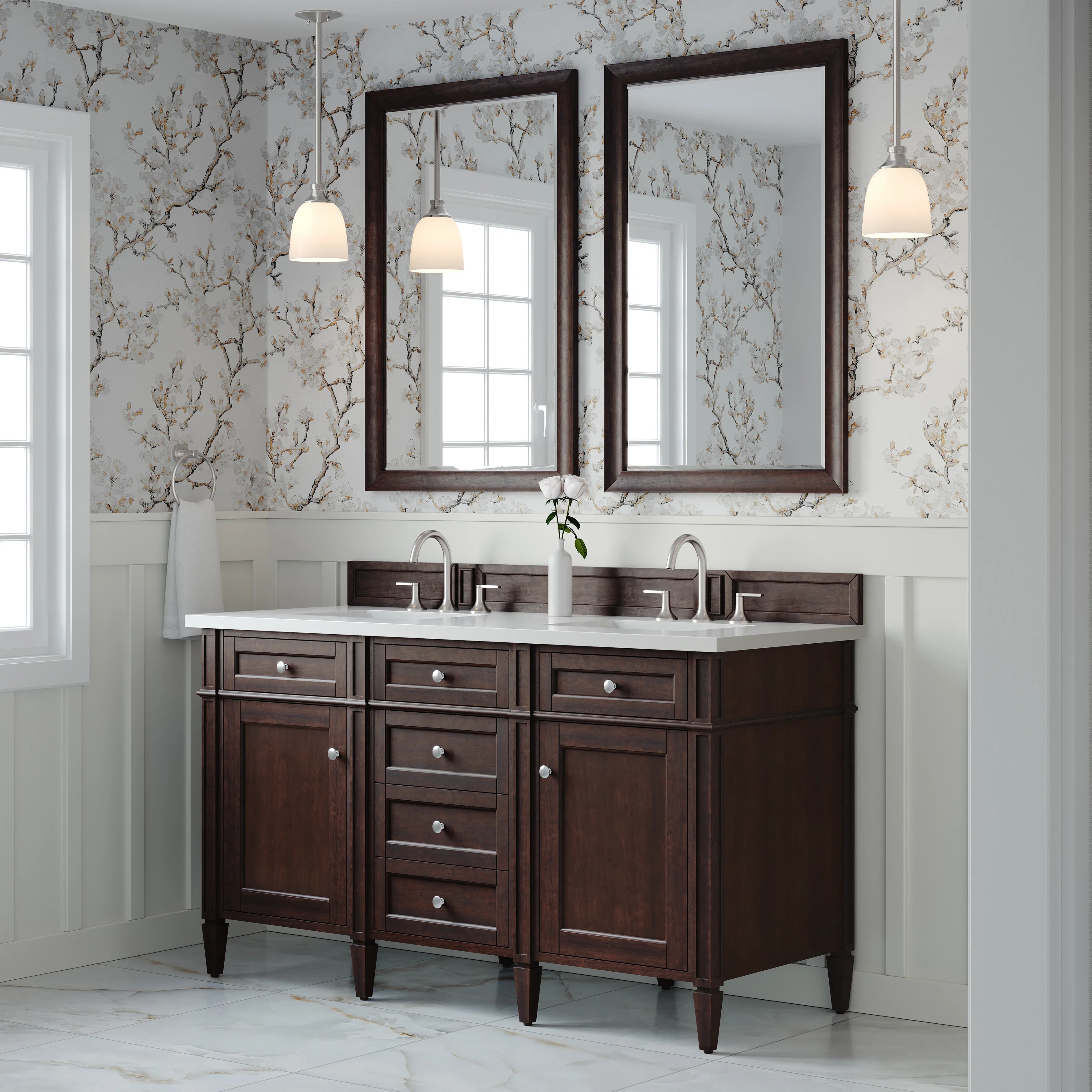 Brittany 60" Double Vanity, Burnished Mahogany w/ 3 CM White Zeus Silestone Top