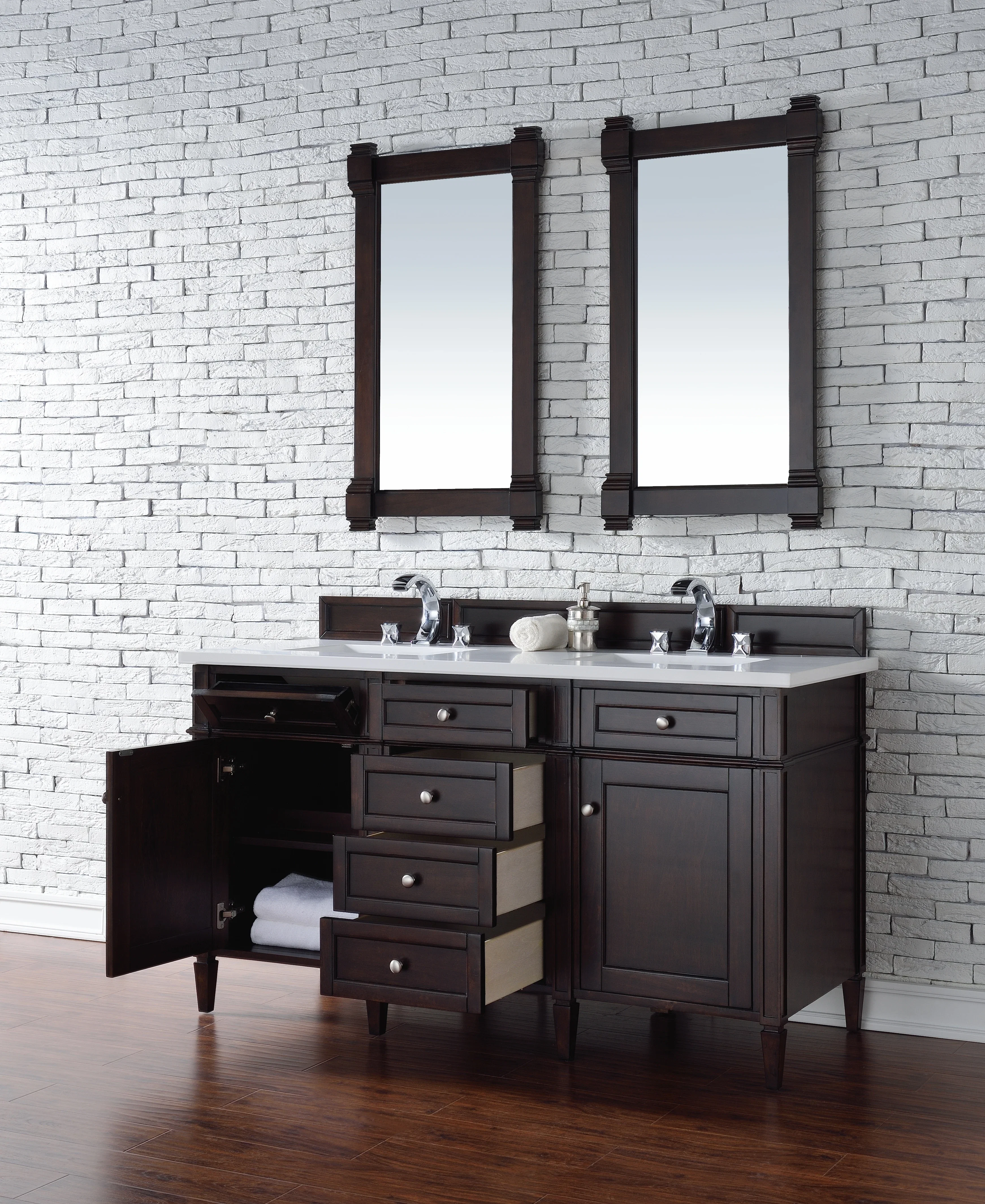 Brittany 60" Double Vanity, Burnished Mahogany w/ 3 CM White Zeus Silestone Top