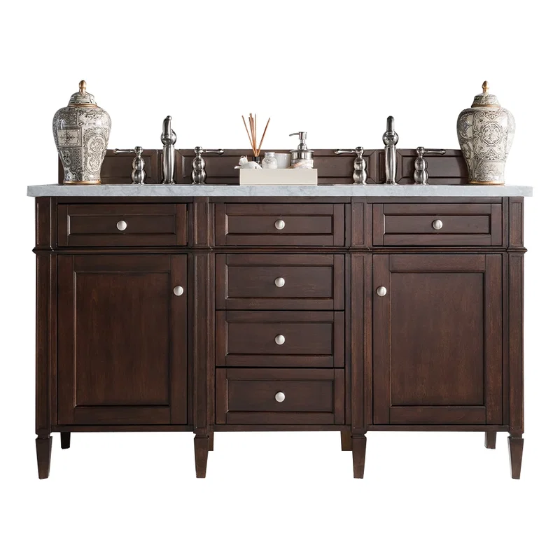 Brittany 60" Double Vanity, Burnished Mahogany w/ 3 CM Eternal Jasmine Pearl Silestone Top w/FreePower Wireless Charger