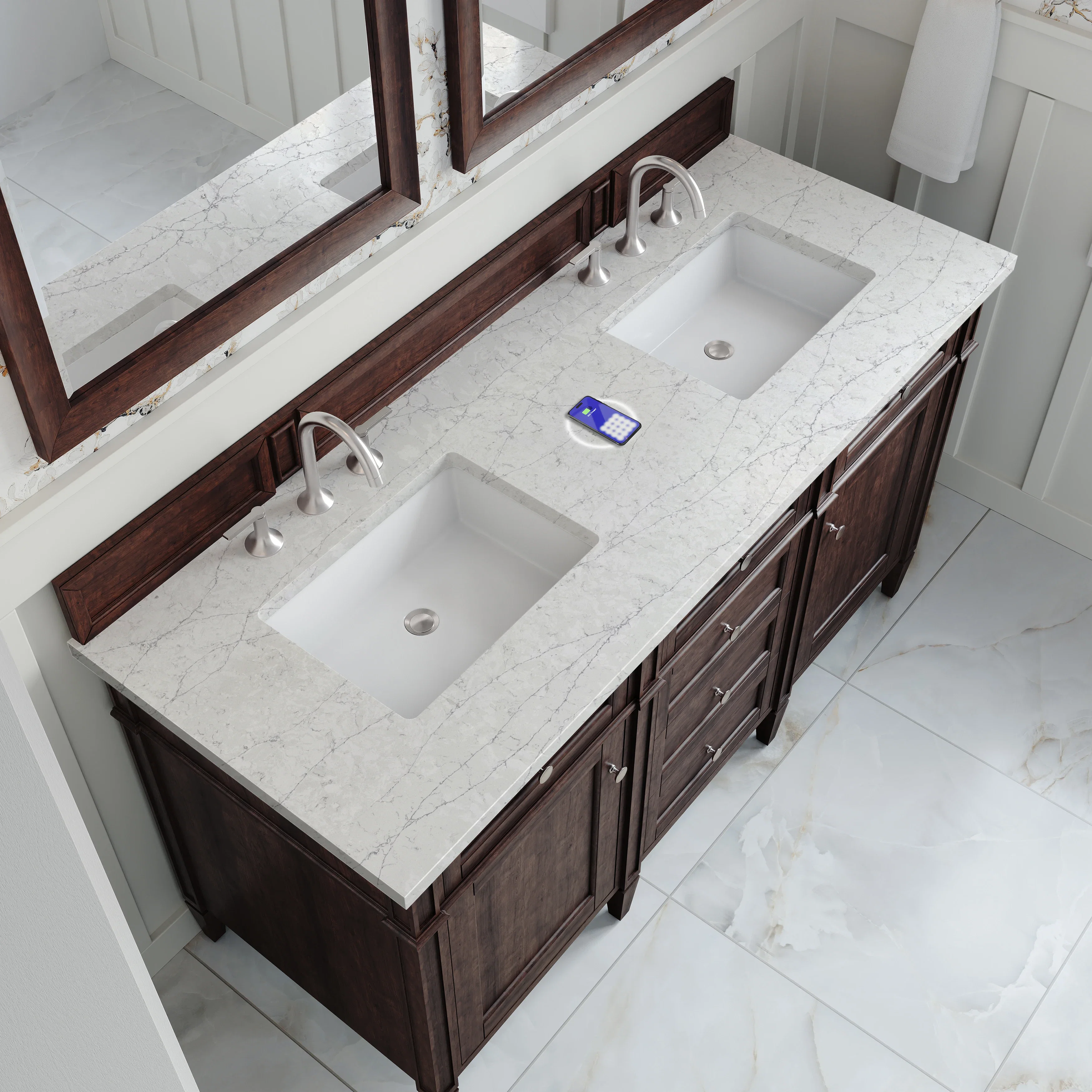Brittany 60" Double Vanity, Burnished Mahogany w/ 3 CM Eternal Jasmine Pearl Silestone Top w/FreePower Wireless Charger