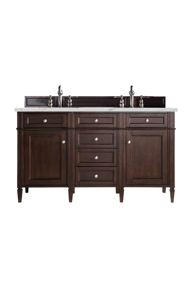 Brittany 60" Double Vanity, Burnished Mahogany w/ 3 CM Ethereal Noctis Silestone Top w/FreePower Wireless Charger