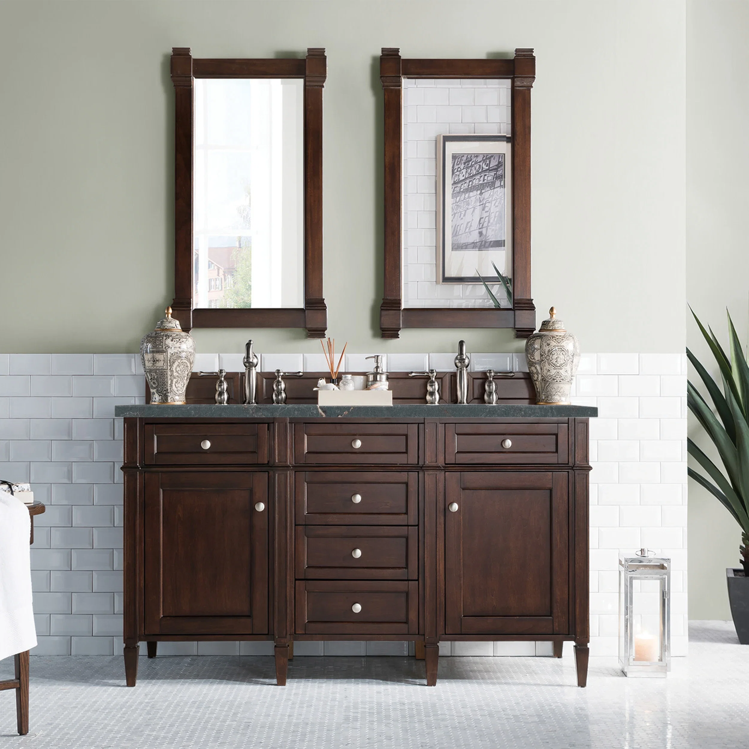 Brittany 60" Double Vanity, Burnished Mahogany w/ 3 CM Parisien Bleu Silestone Top w/FreePower Wireless Charger
