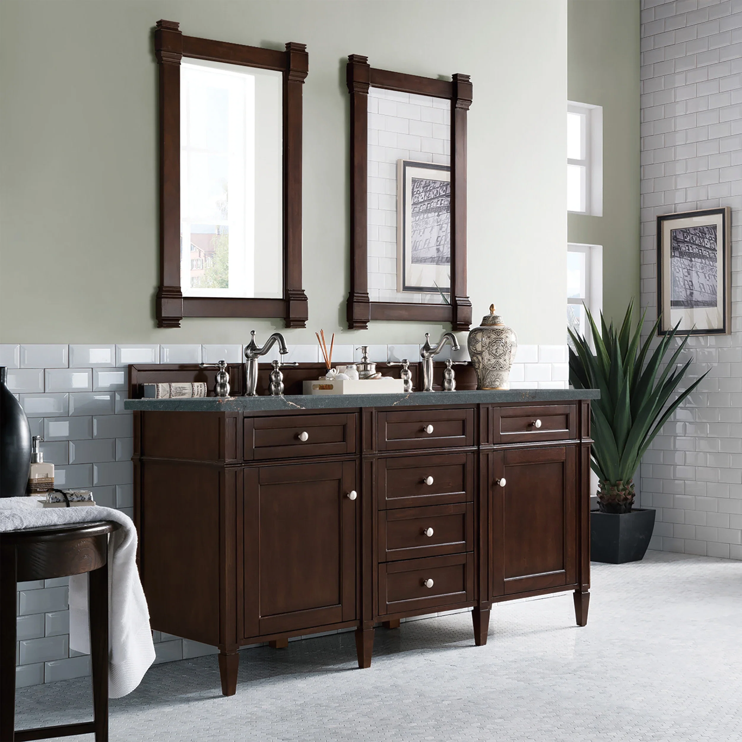 Brittany 60" Double Vanity, Burnished Mahogany w/ 3 CM Parisien Bleu Silestone Top w/FreePower Wireless Charger