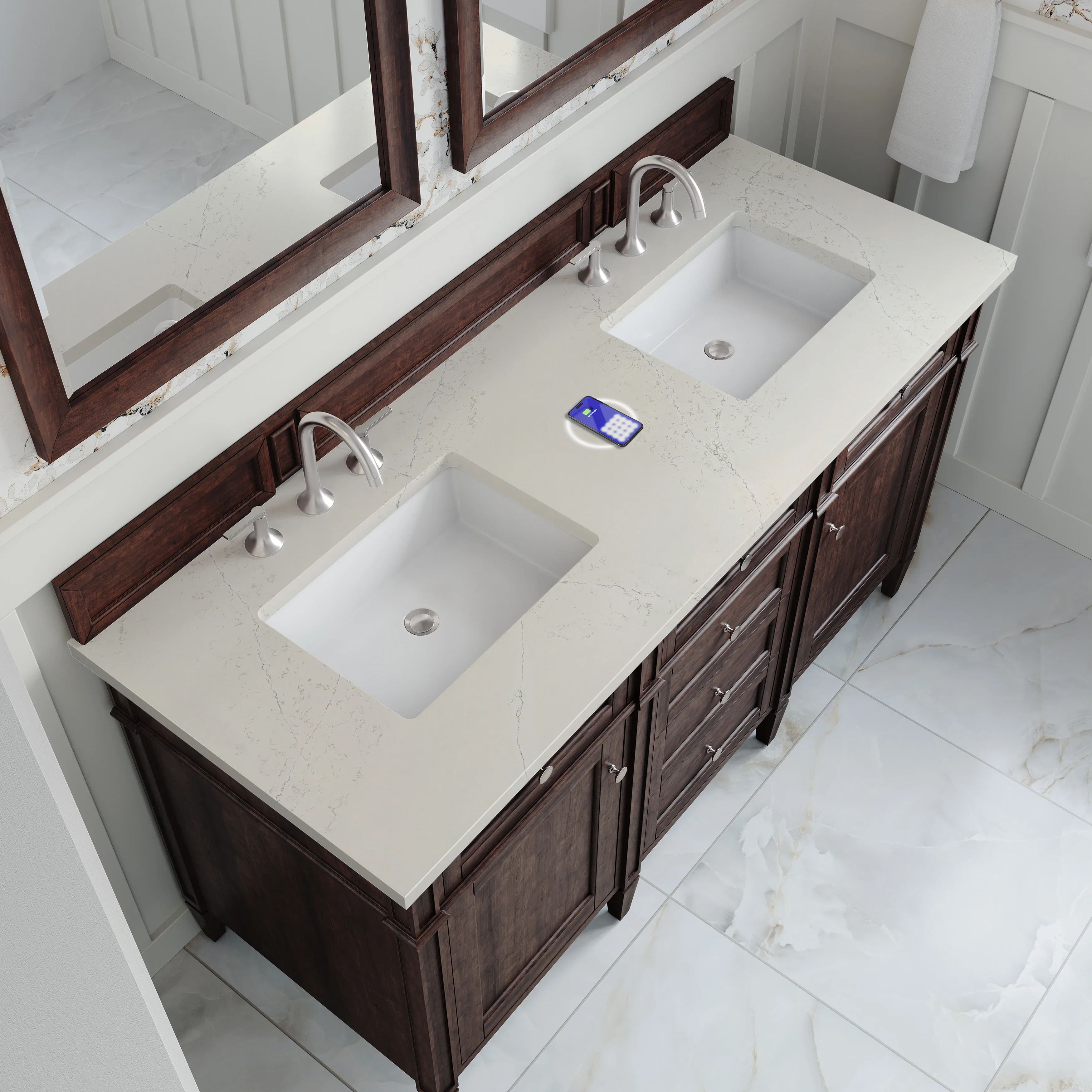 Brittany 60" Double Vanity, Burnished Mahogany, w/ 3 CM Siberian Silestone Top w/FreePower Wireless Charger