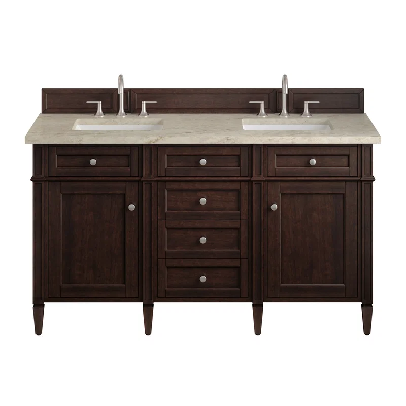 Brittany 60" Double Vanity, Burnished Mahogany, w/ 3 CM Tajnar Eclos Top w/FreePower Wireless Charger