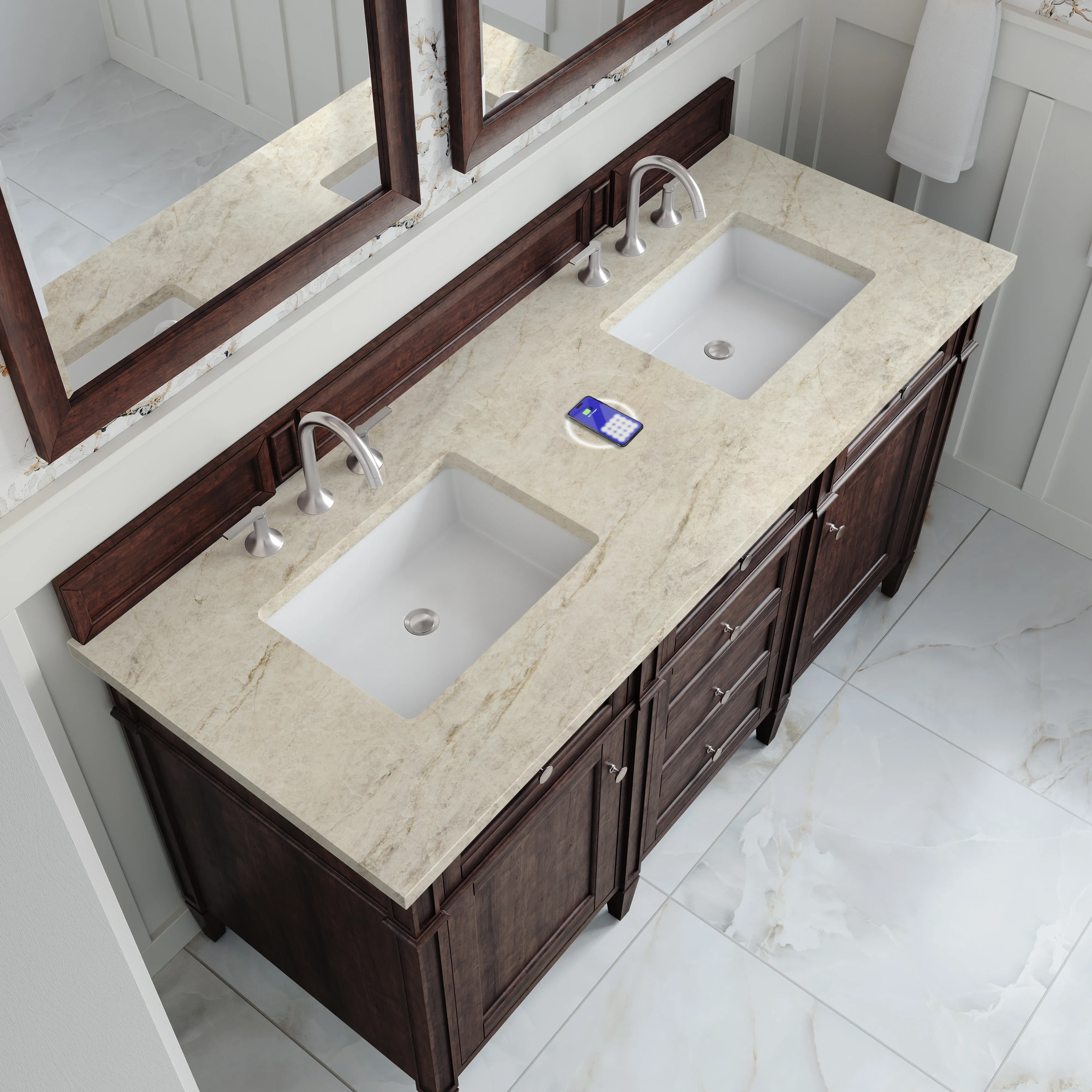 Brittany 60" Double Vanity, Burnished Mahogany, w/ 3 CM Tajnar Eclos Top w/FreePower Wireless Charger