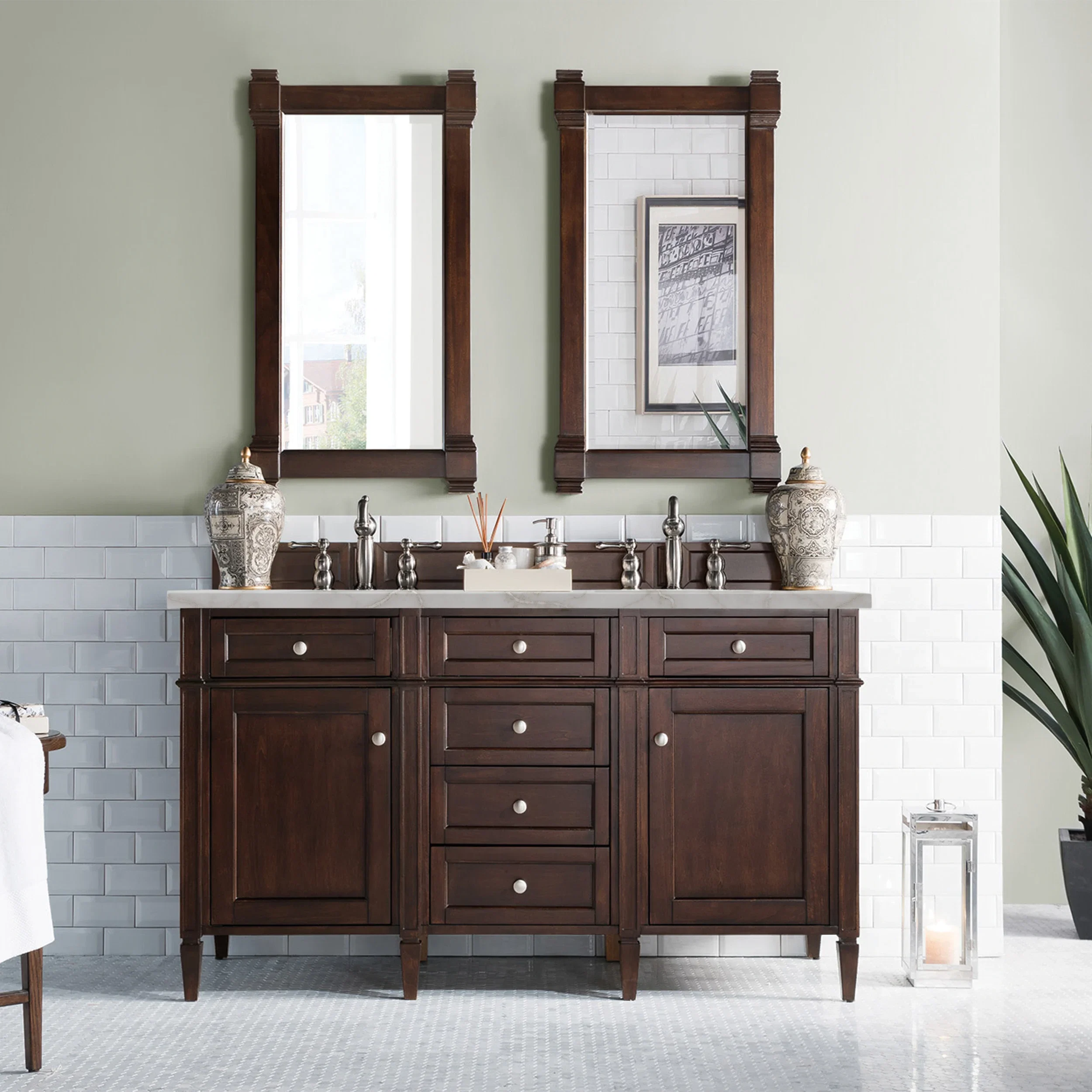 Brittany 60" Double Vanity, Burnished Mahogany w/ 3 CM Victorian Silver Silestone Top w/FreePower Wireless Charger
