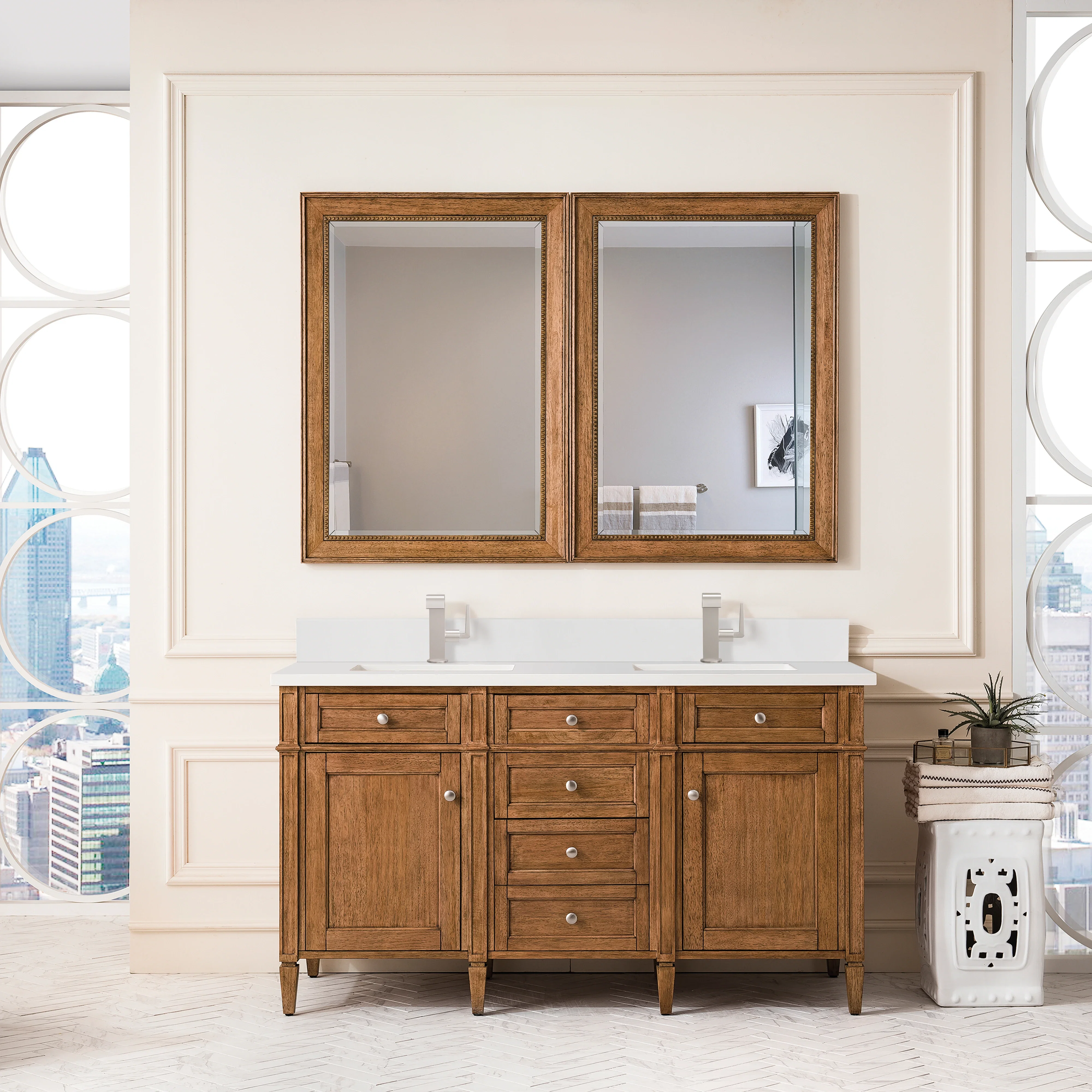 Brittany 60" Double Vanity, Saddle Brown w/ Single Hole 3 CM White Zeus Silestone Top & Backsplash