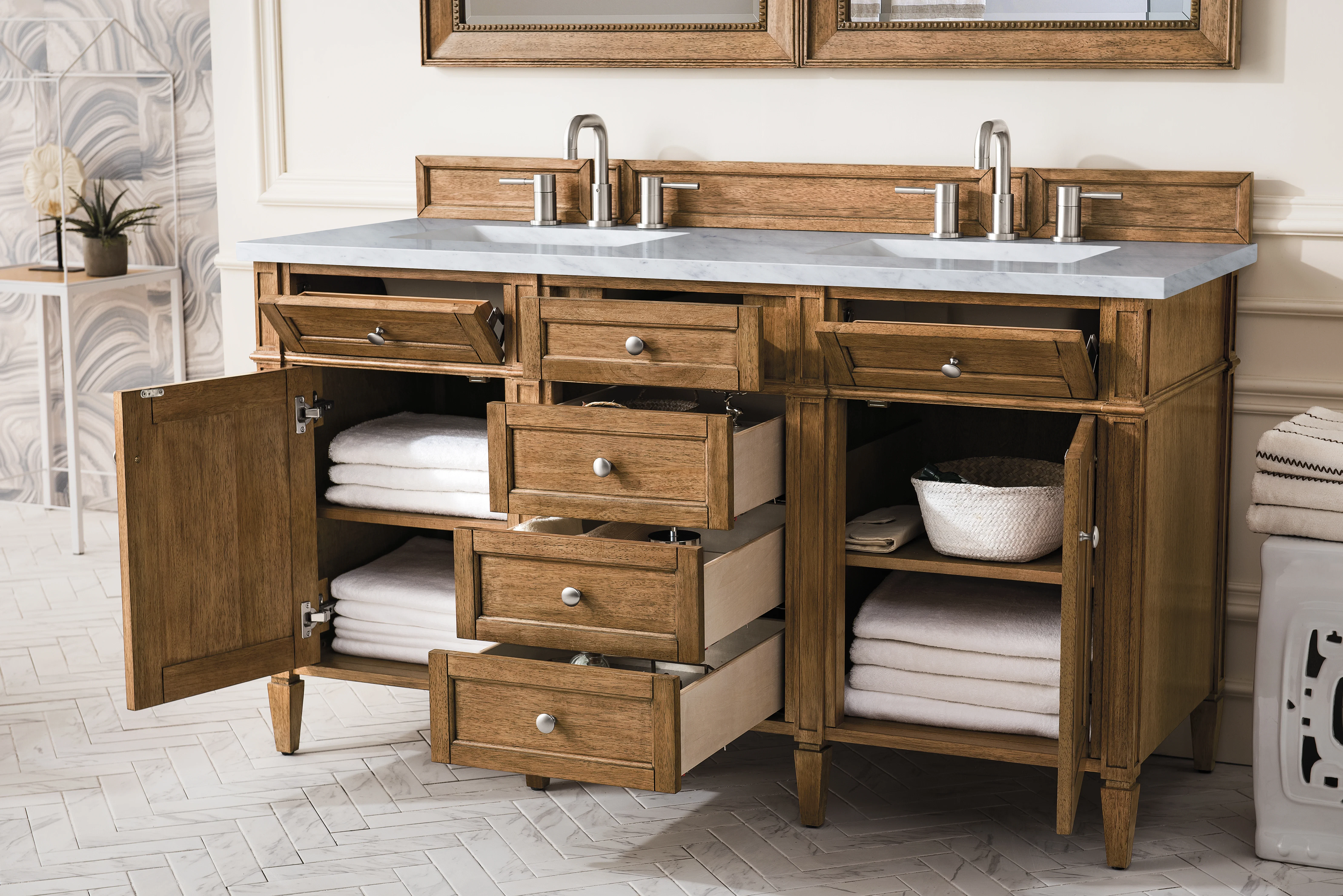 Brittany 60" Double Vanity, Saddle Brown w/ 3 CM Carrara Marble Top