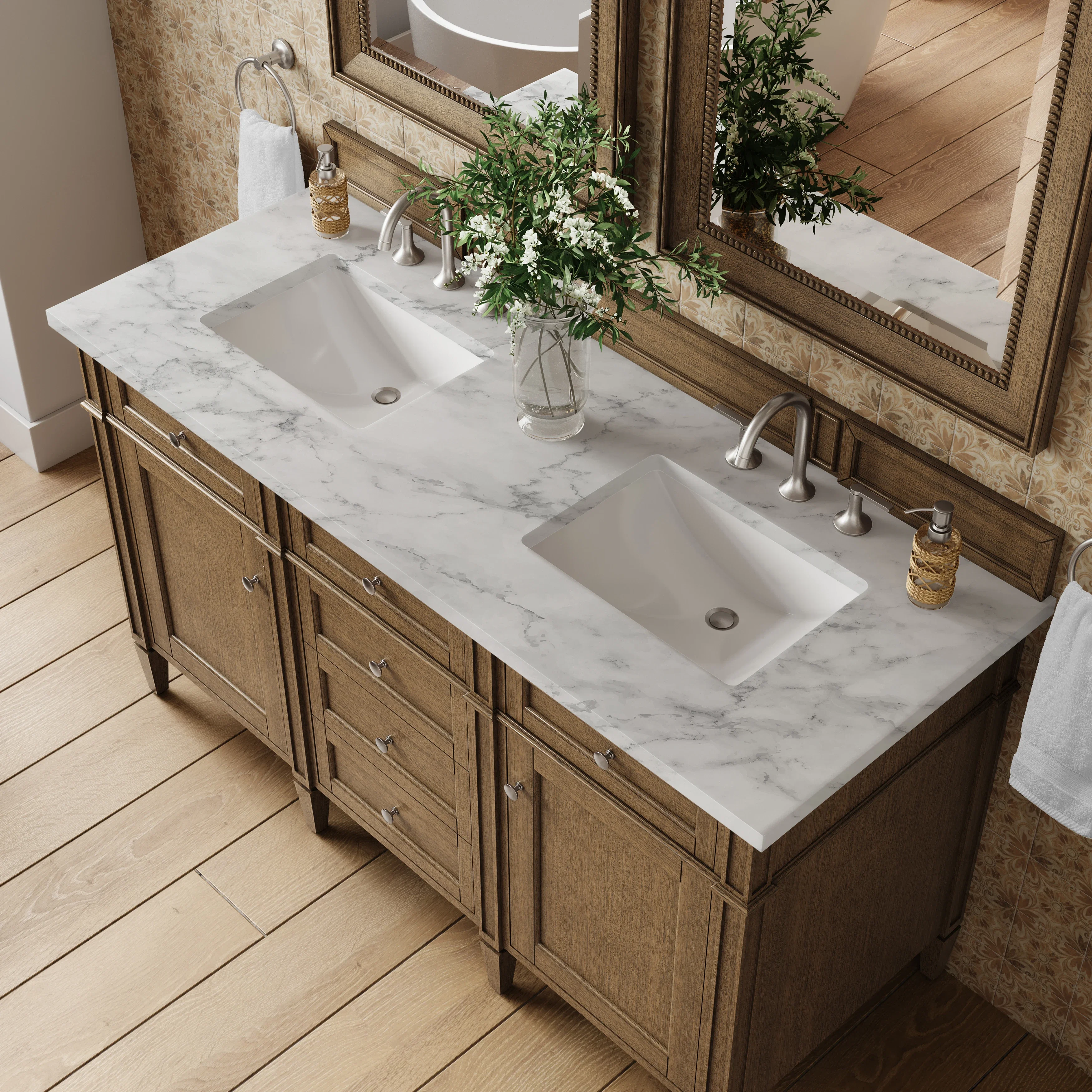 Brittany 60" Double Vanity, Saddle Brown w/ 3 CM Carrara Marble Top