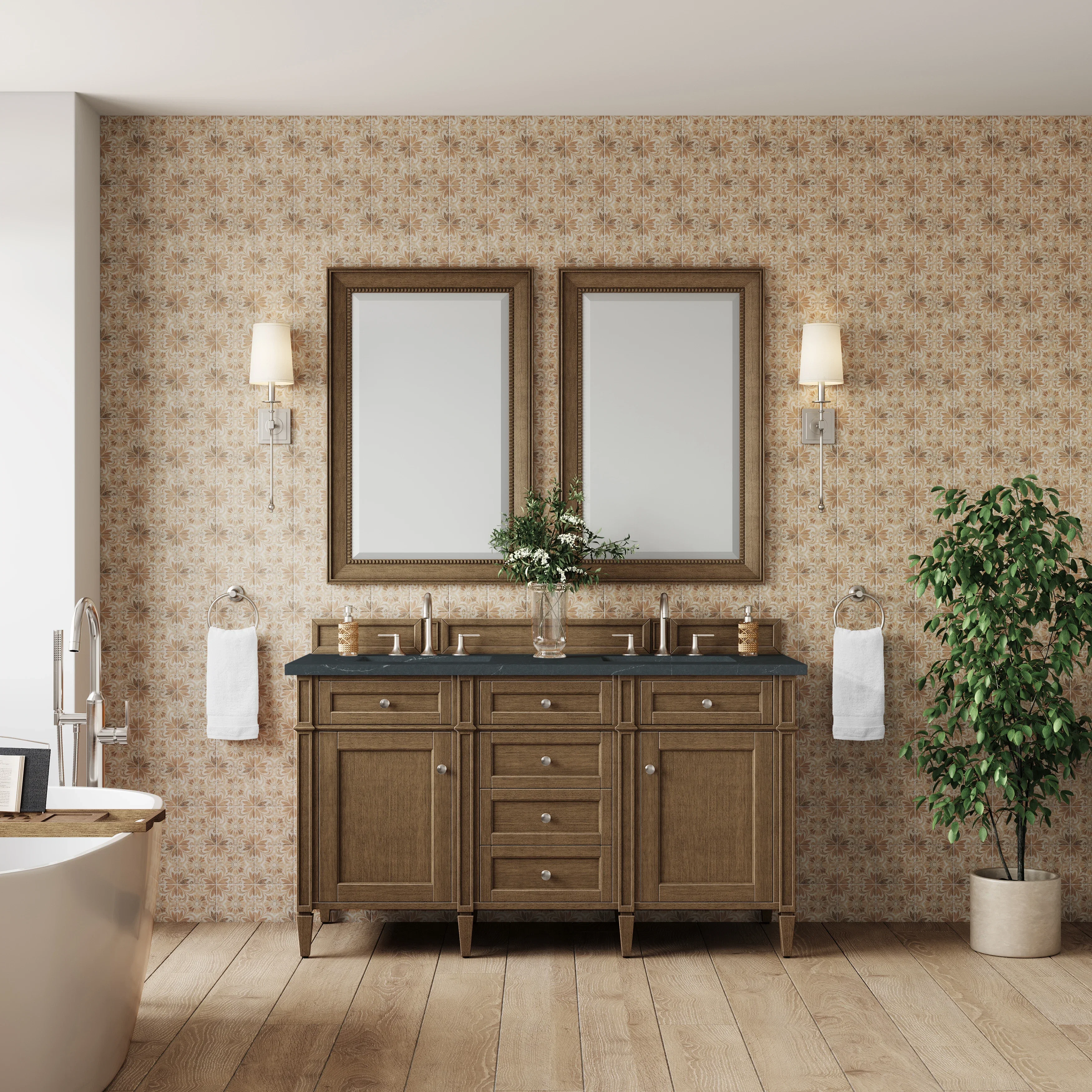 Brittany 60" Double Vanity, Saddle Brown w/ 3 CM Charcoal Soapstone Silestone Top