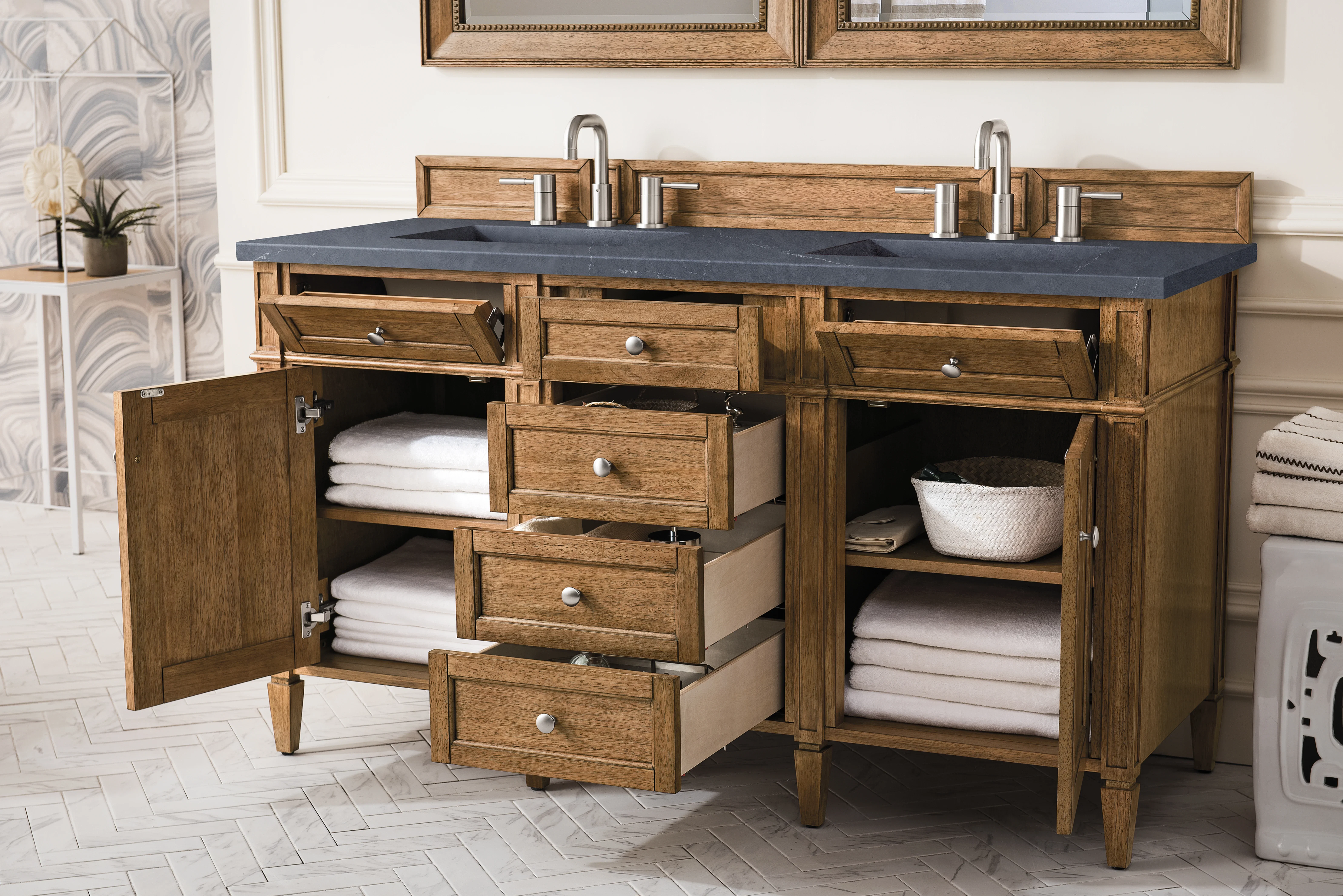 Brittany 60" Double Vanity, Saddle Brown w/ 3 CM Charcoal Soapstone Silestone Top