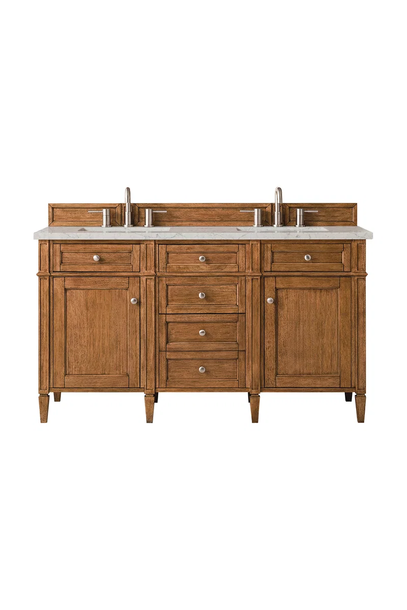 Brittany 60" Double Vanity, Saddle Brown w/ 3 CM Eternal Jasmine Pearl Silestone Top