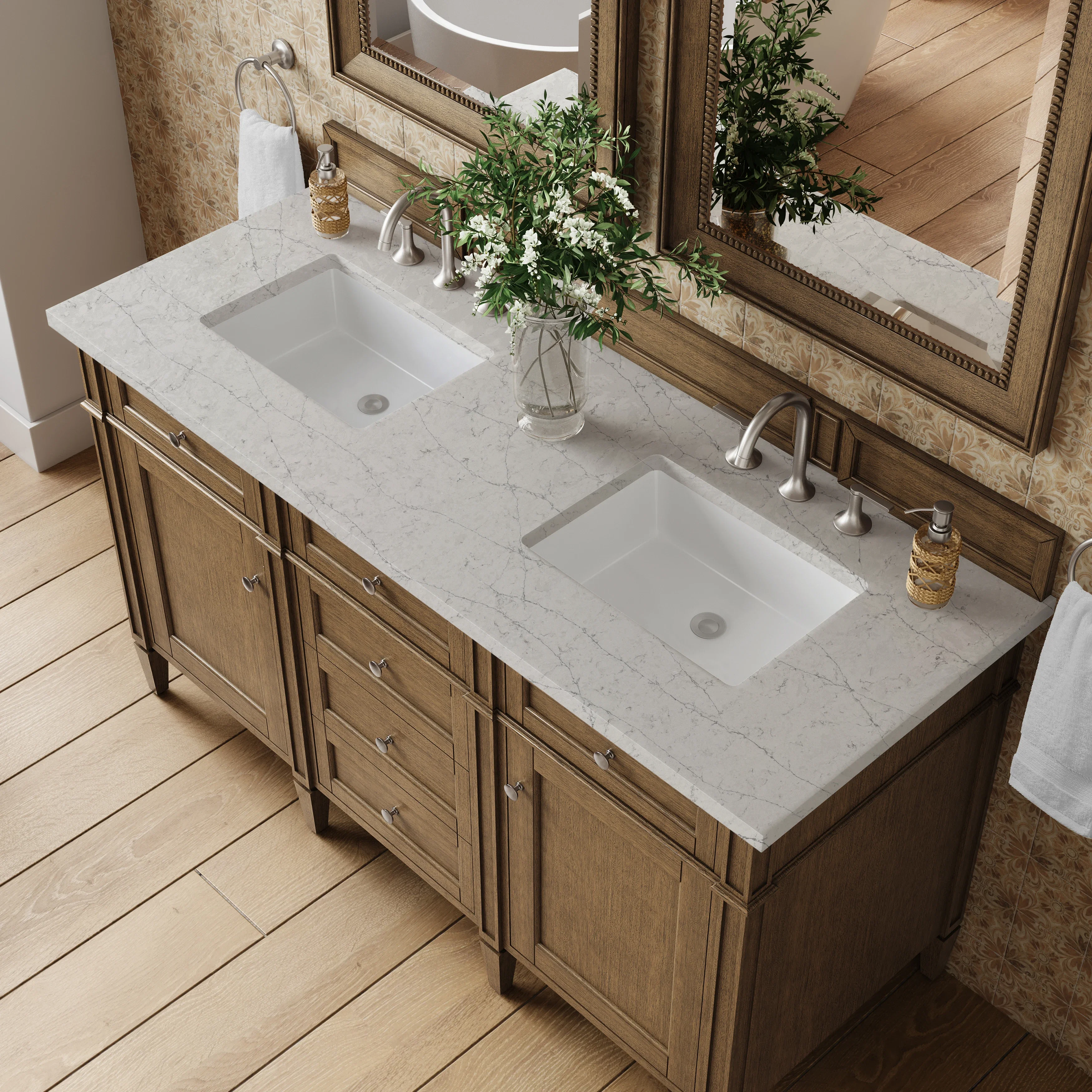 Brittany 60" Double Vanity, Saddle Brown w/ 3 CM Eternal Jasmine Pearl Silestone Top