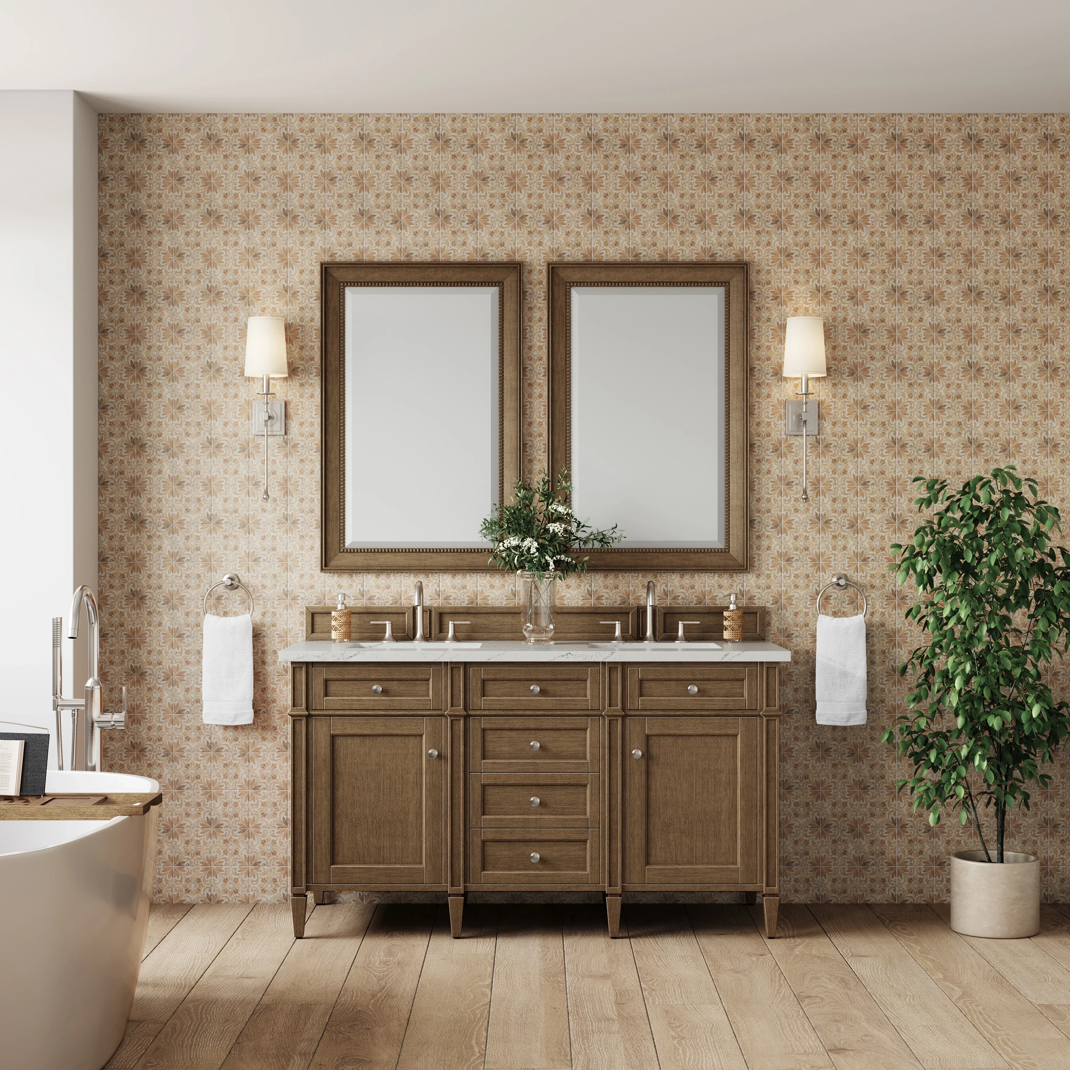 Brittany 60" Double Vanity, Saddle Brown w/ 3 CM Ethereal Noctis Silestone Top
