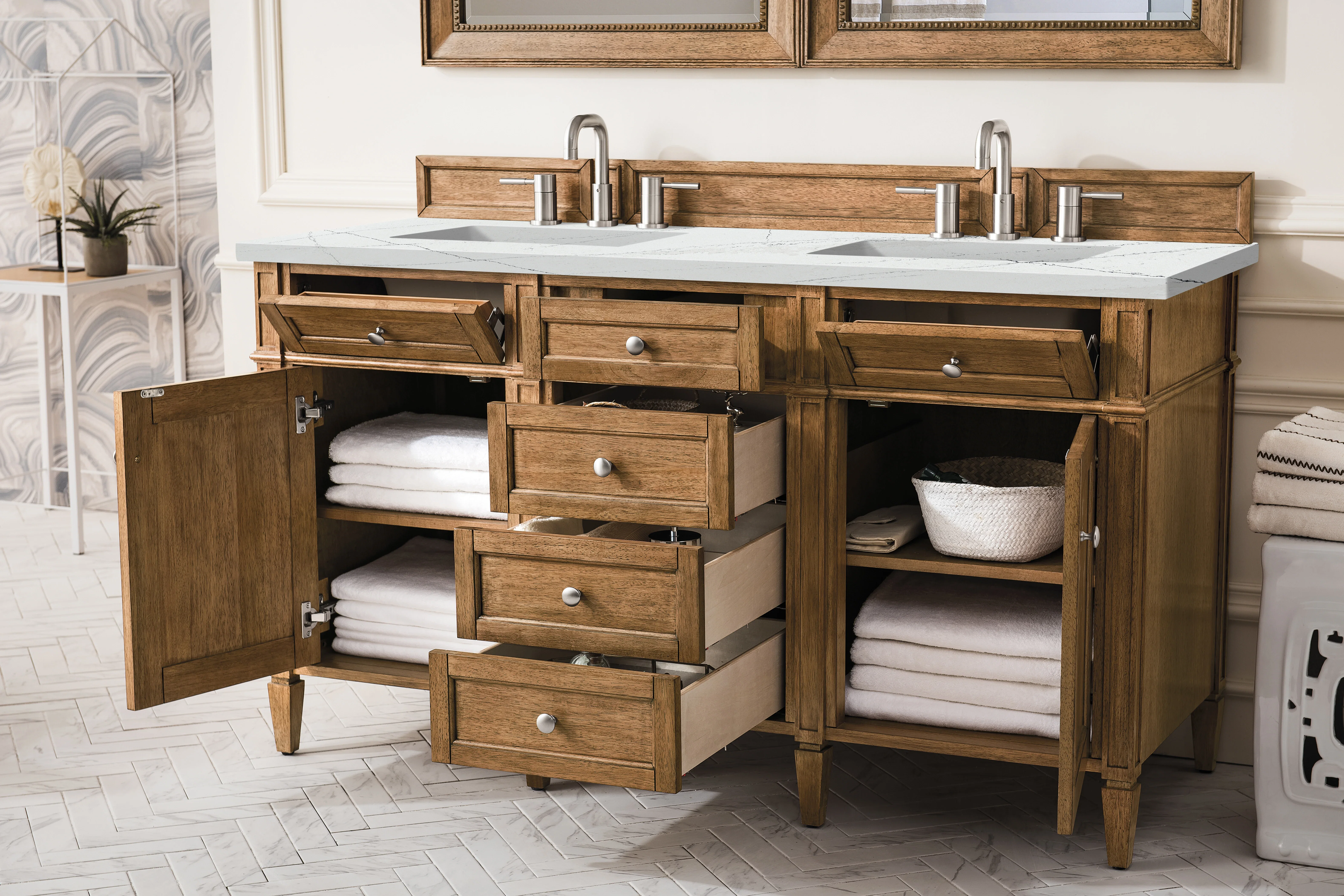 Brittany 60" Double Vanity, Saddle Brown w/ 3 CM Ethereal Noctis Silestone Top