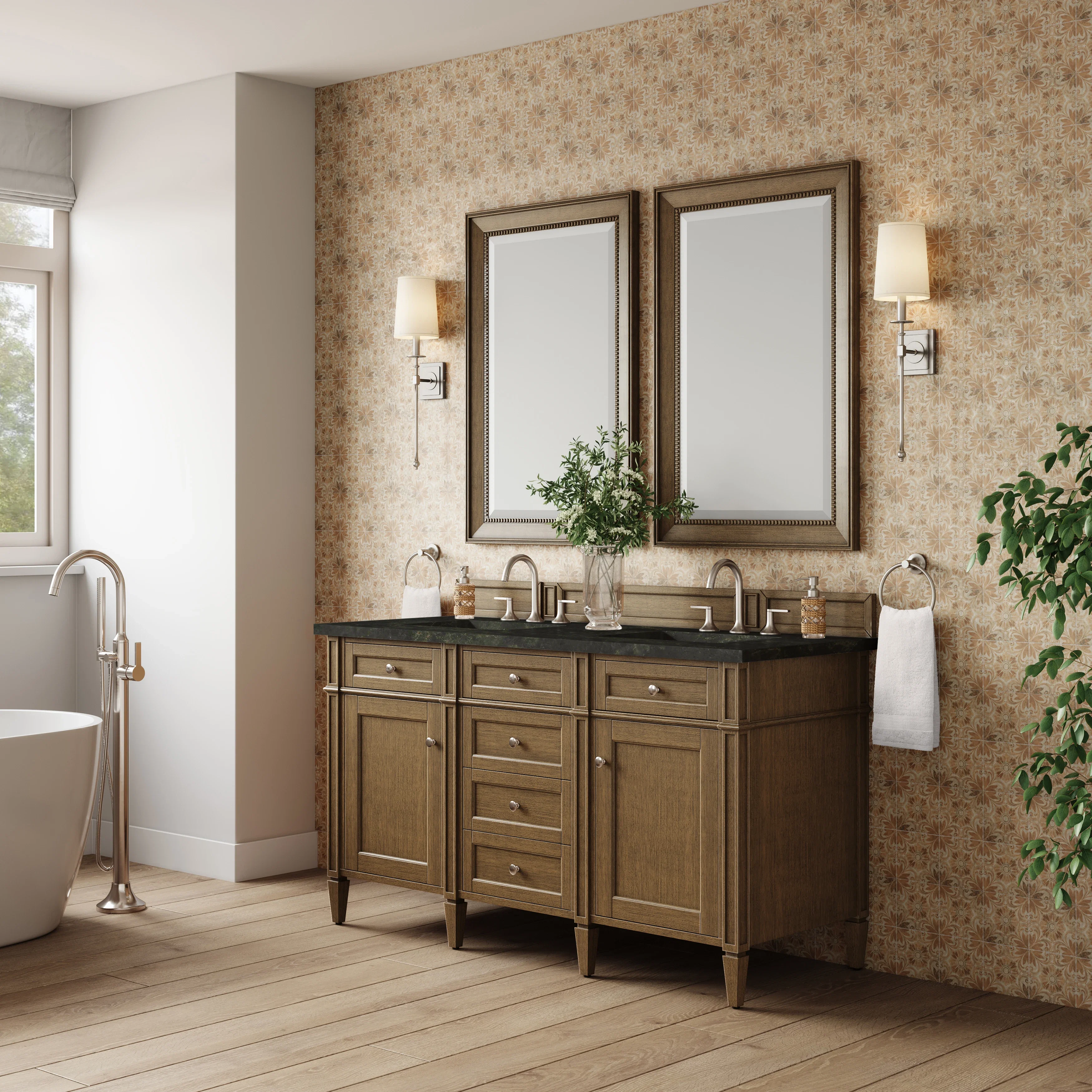 Brittany 60" Double Vanity, Saddle Brown, w/ 3 CM Phantome Eclos Top