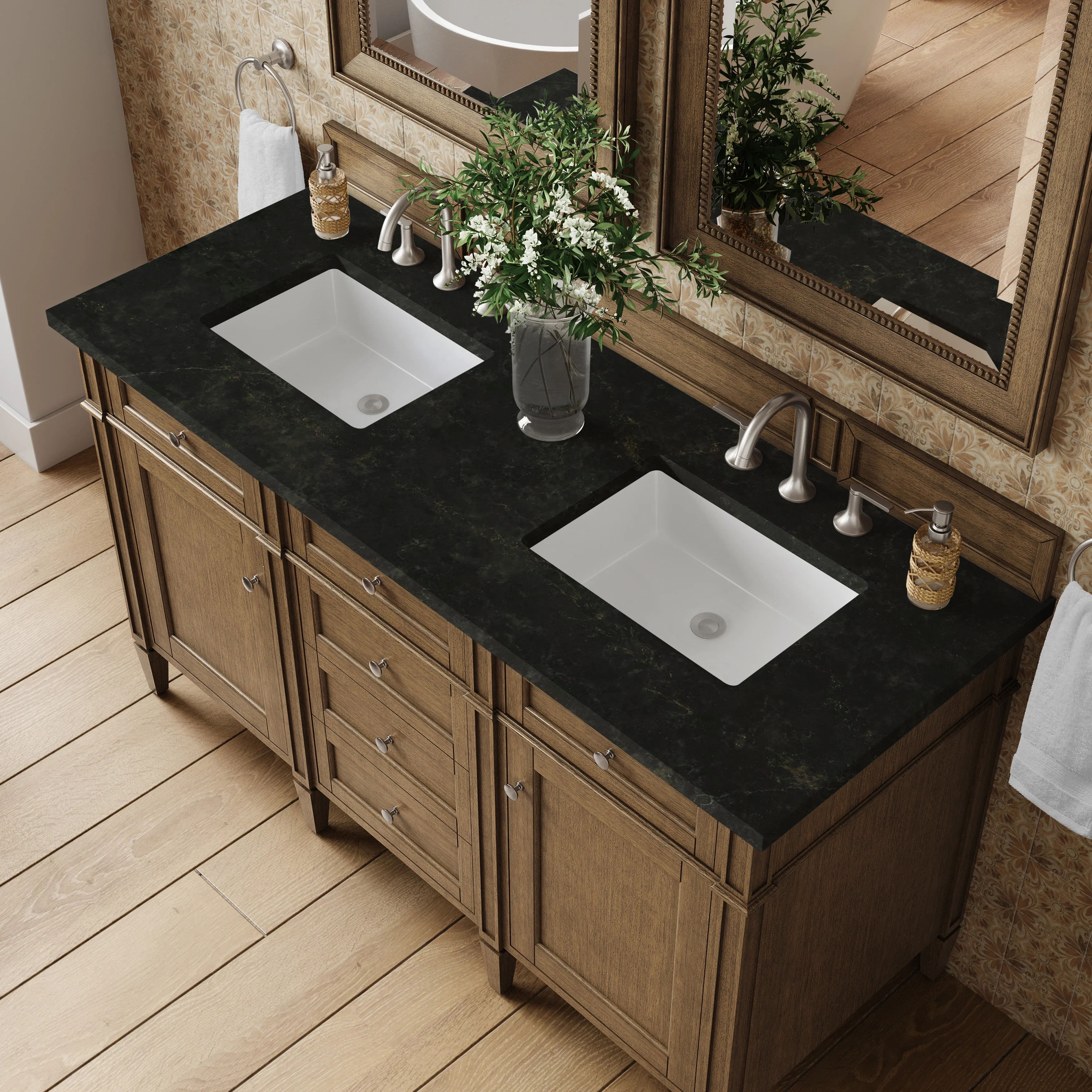 Brittany 60" Double Vanity, Saddle Brown, w/ 3 CM Phantome Eclos Top