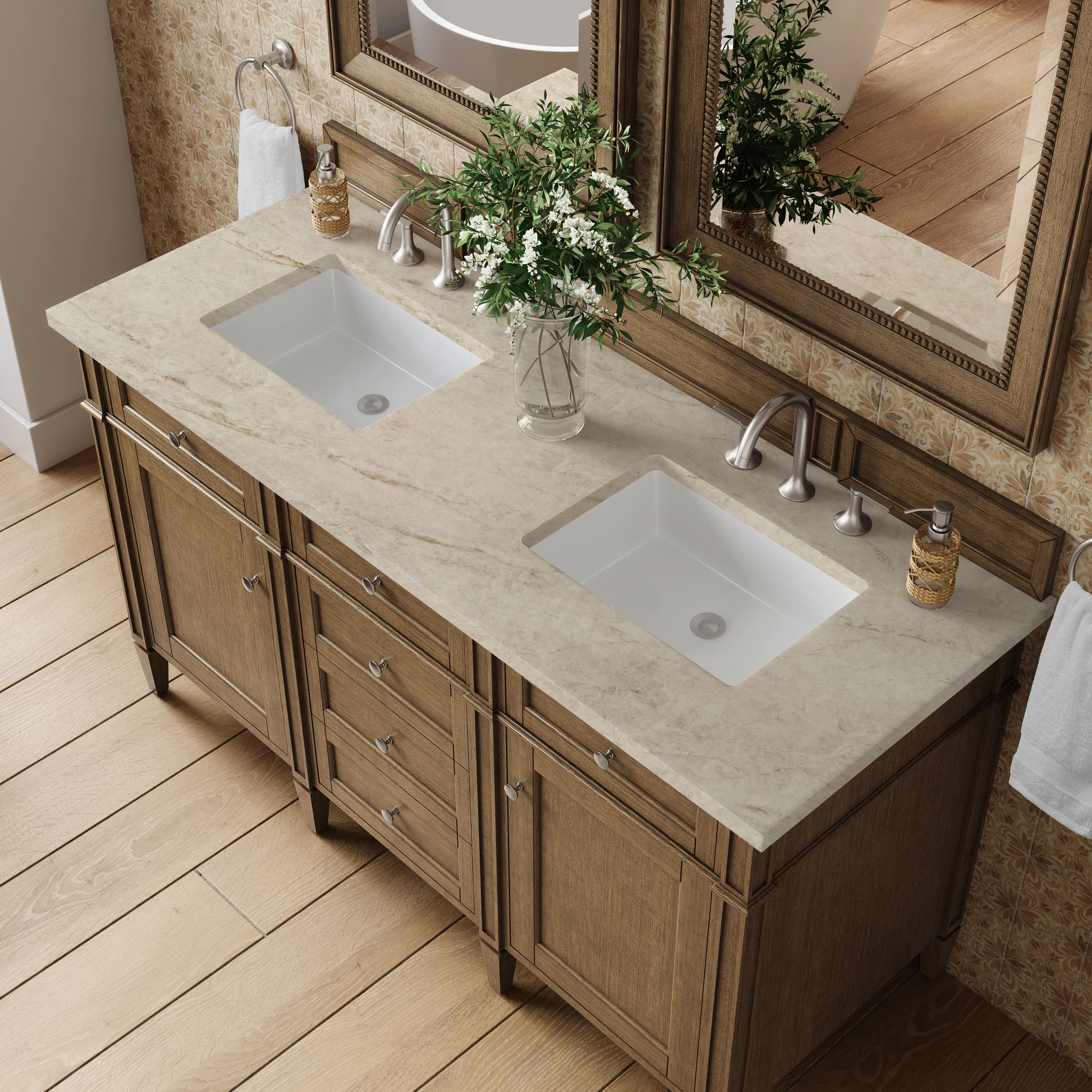 Brittany 60" Double Vanity, Saddle Brown, w/ 3 CM Tajnar Eclos Top