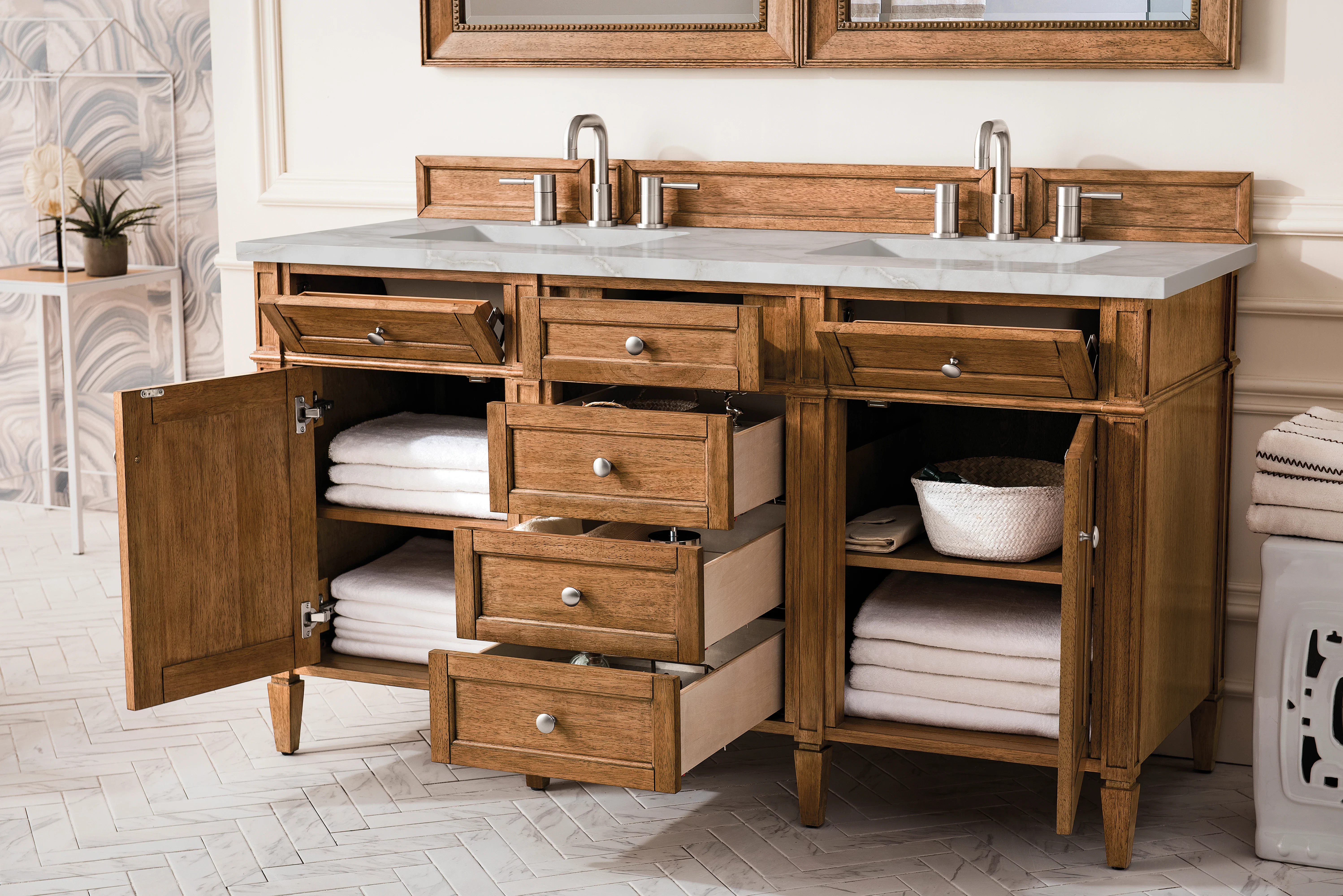 Brittany 60" Double Vanity, Saddle Brown w/ 3 CM Victorian Silver Silestone Top