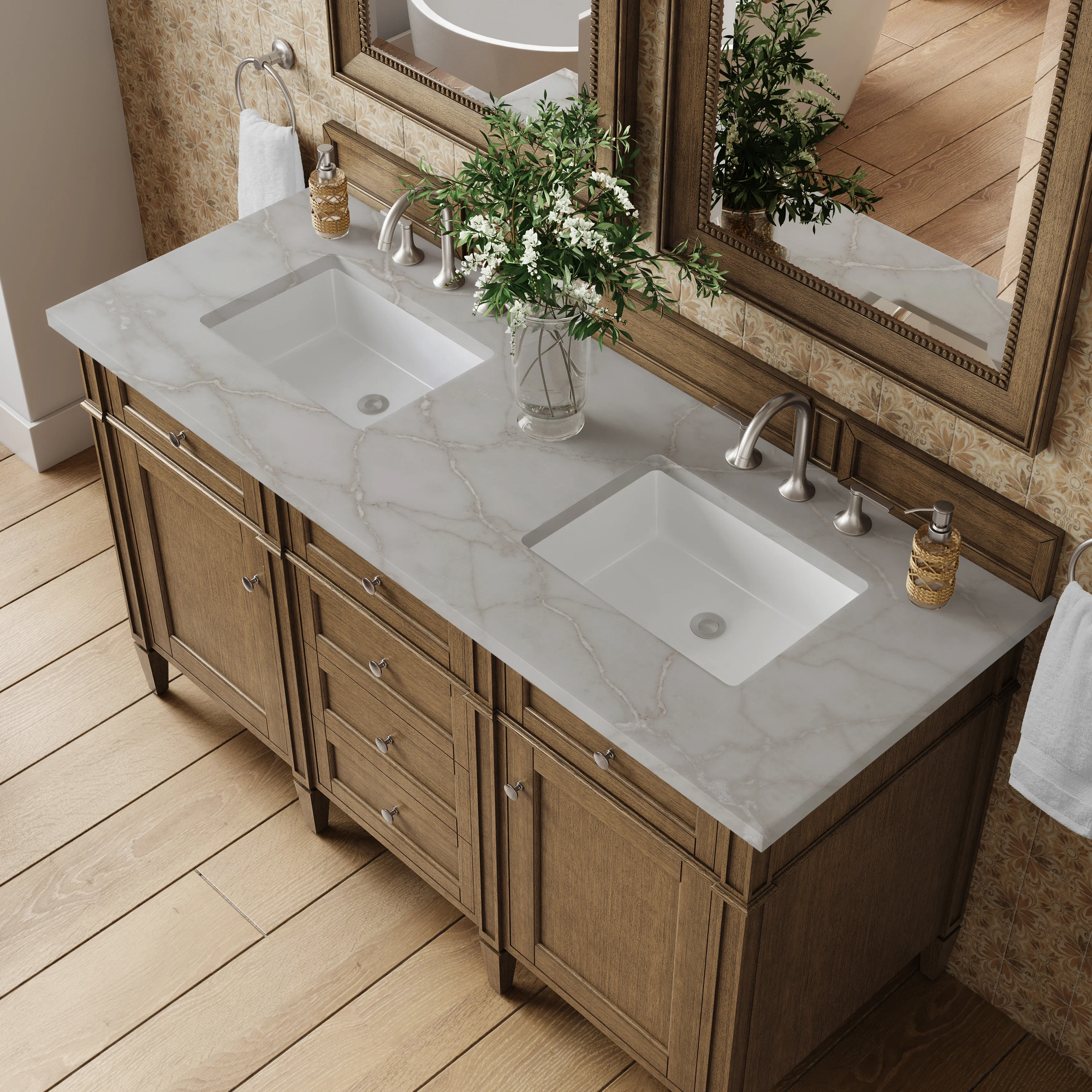 Brittany 60" Double Vanity, Saddle Brown w/ 3 CM Victorian Silver Silestone Top