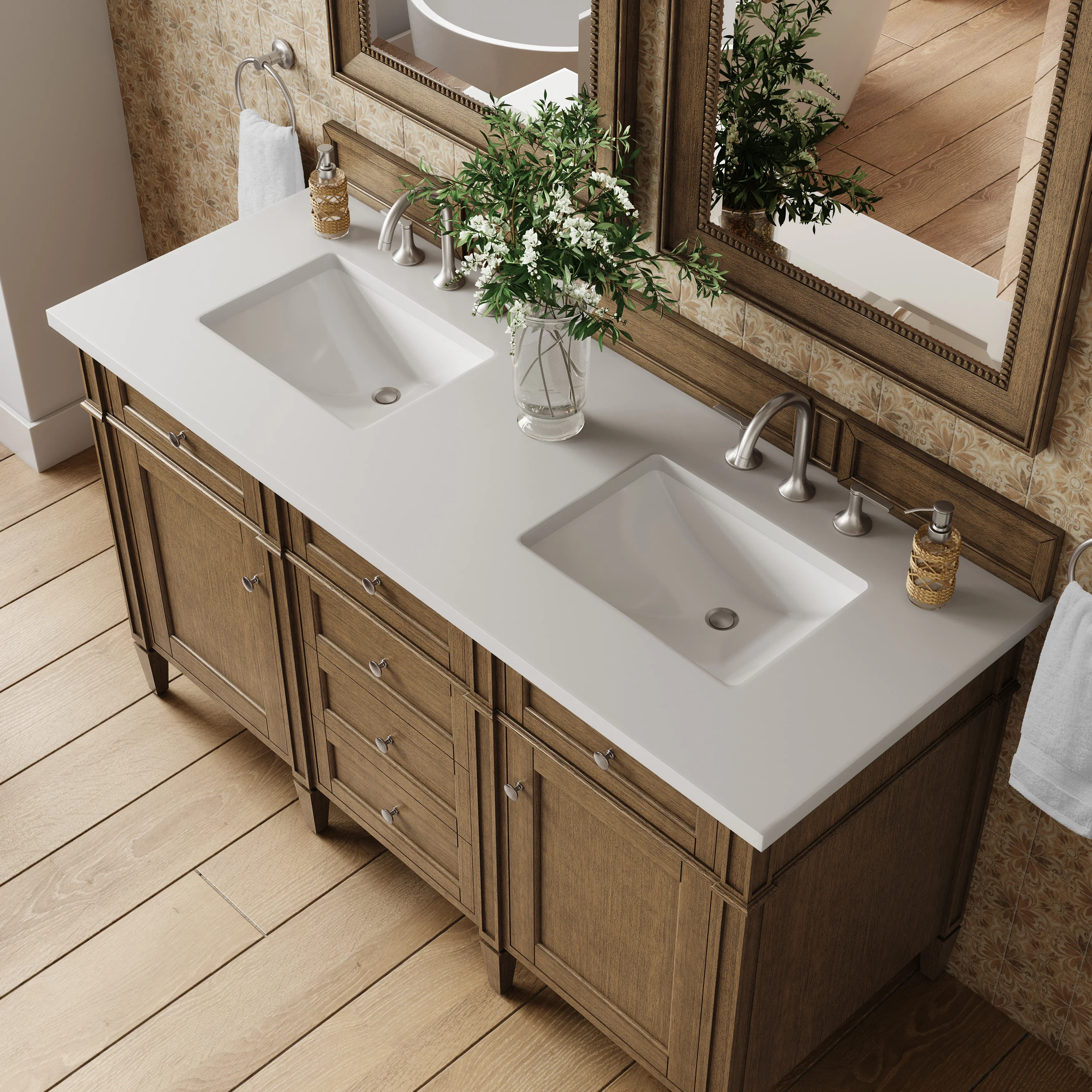 Brittany 60" Double Vanity, Saddle Brown w/ 3 CM White Zeus Silestone Top