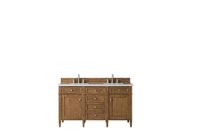 Brittany 60" Double Vanity, Saddle Brown w/ 3 CM Eternal Jasmine Pearl Silestone Top w/FreePower Wireless Charger