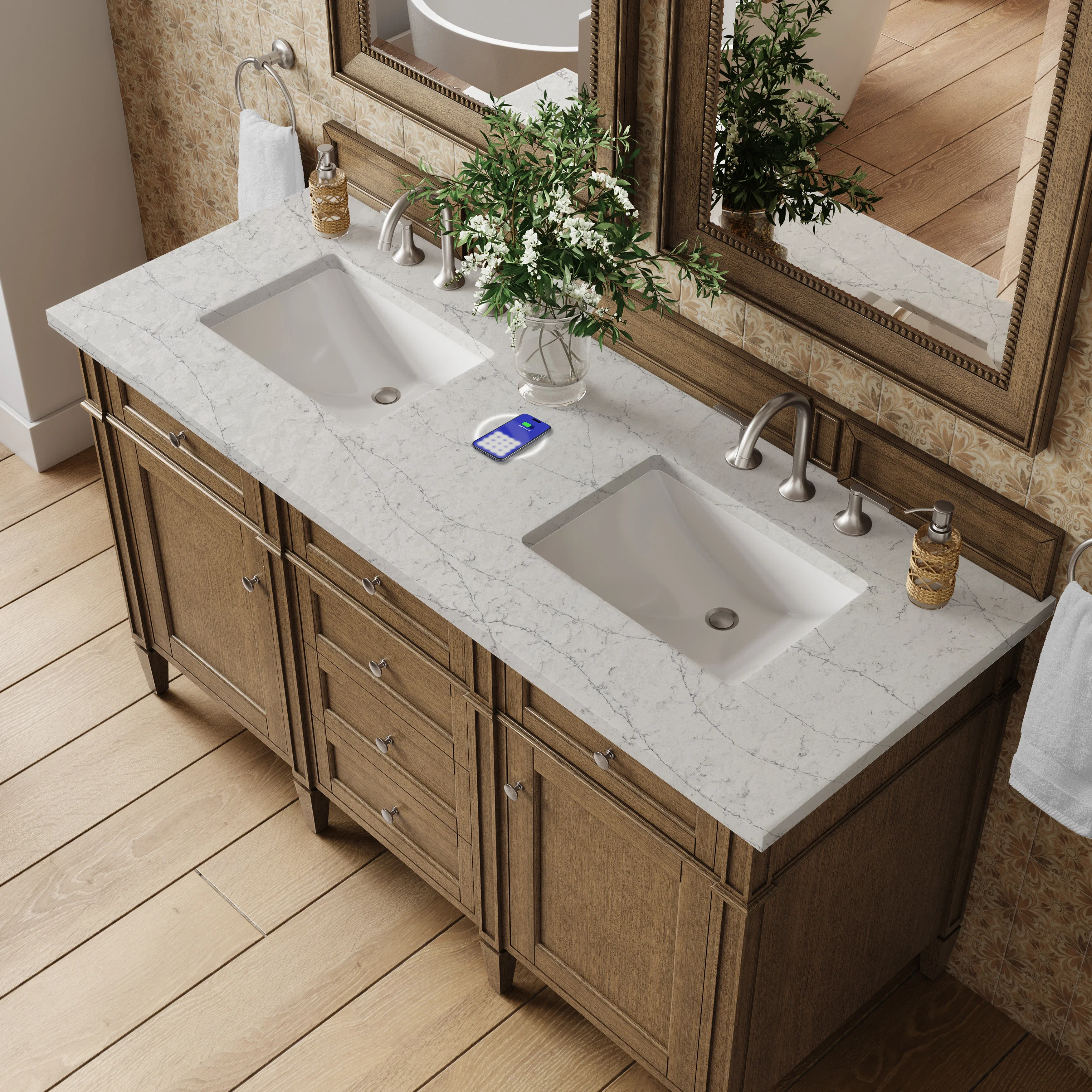 Brittany 60" Double Vanity, Saddle Brown w/ 3 CM Eternal Jasmine Pearl Silestone Top w/FreePower Wireless Charger