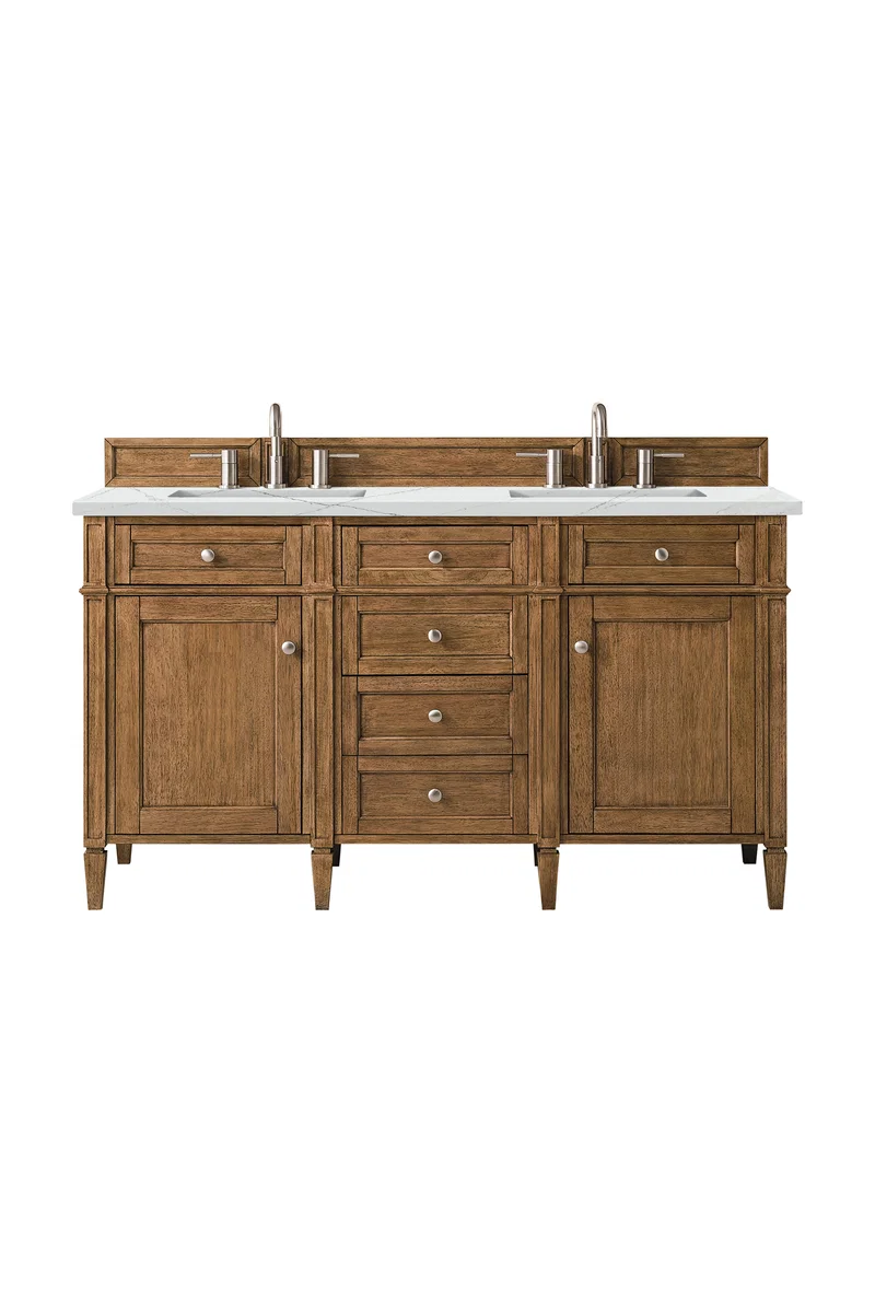 Brittany 60" Double Vanity, Saddle Brown w/ 3 CM Ethereal Noctis Silestone Top w/FreePower Wireless Charger