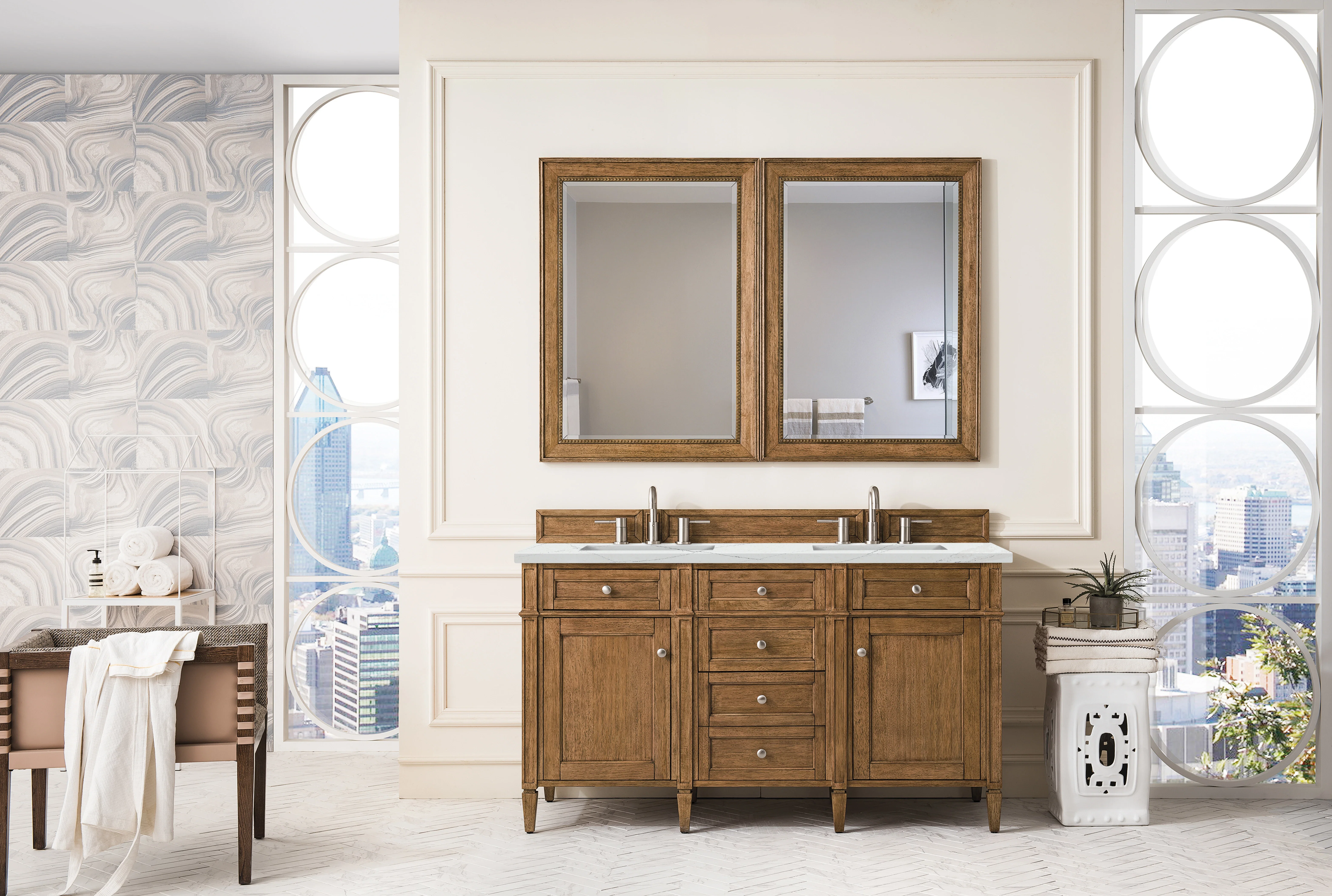 Brittany 60" Double Vanity, Saddle Brown w/ 3 CM Ethereal Noctis Silestone Top w/FreePower Wireless Charger