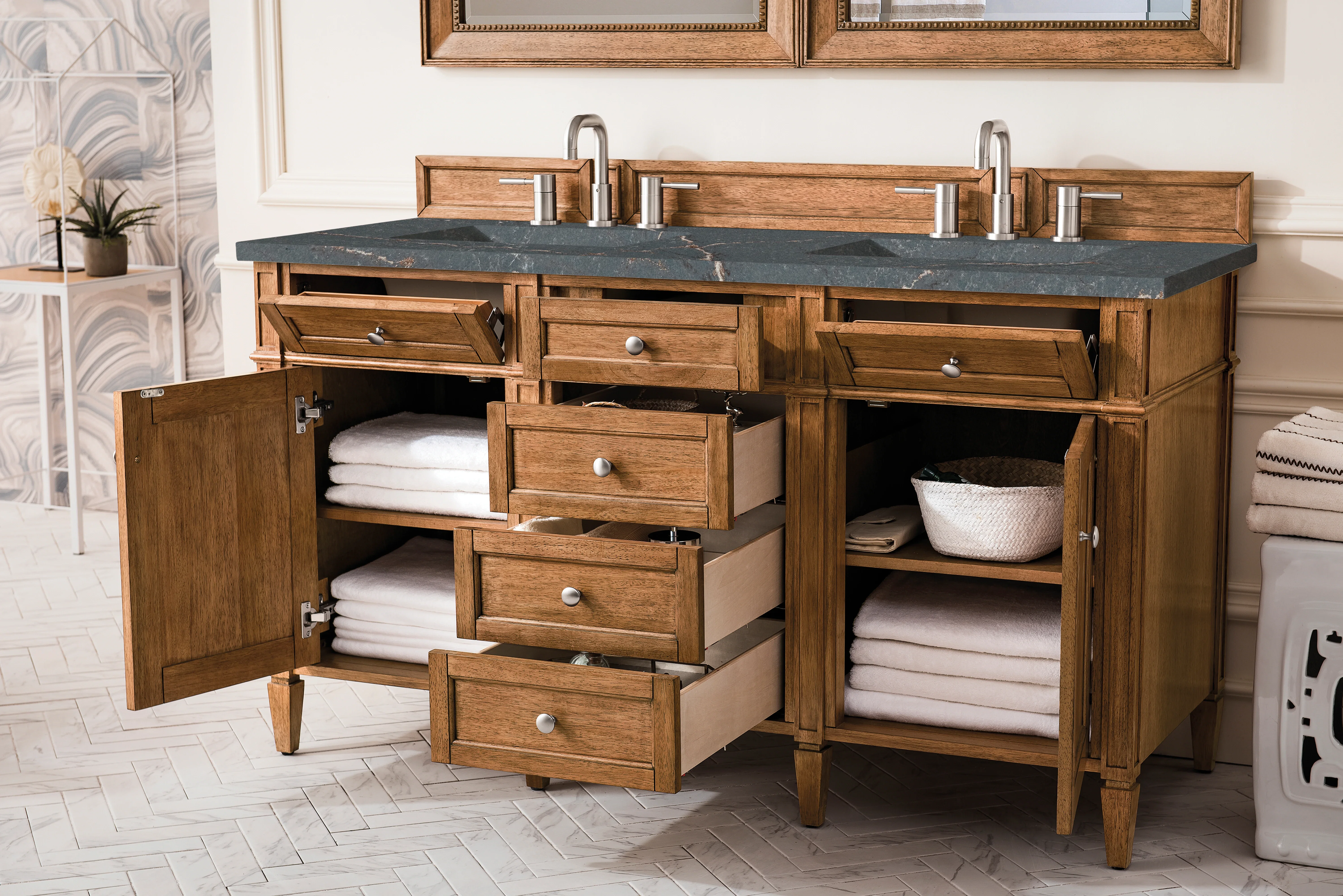 Brittany 60" Double Vanity, Saddle Brown w/ 3 CM Parisien Bleu Silestone Top w/FreePower Wireless Charger