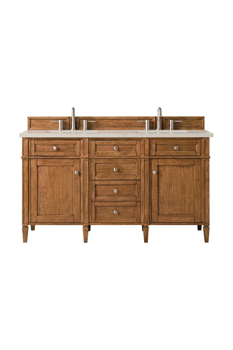 Brittany 60" Double Vanity, Saddle Brown, w/ 3 CM Siberian Silestone Top w/FreePower Wireless Charger