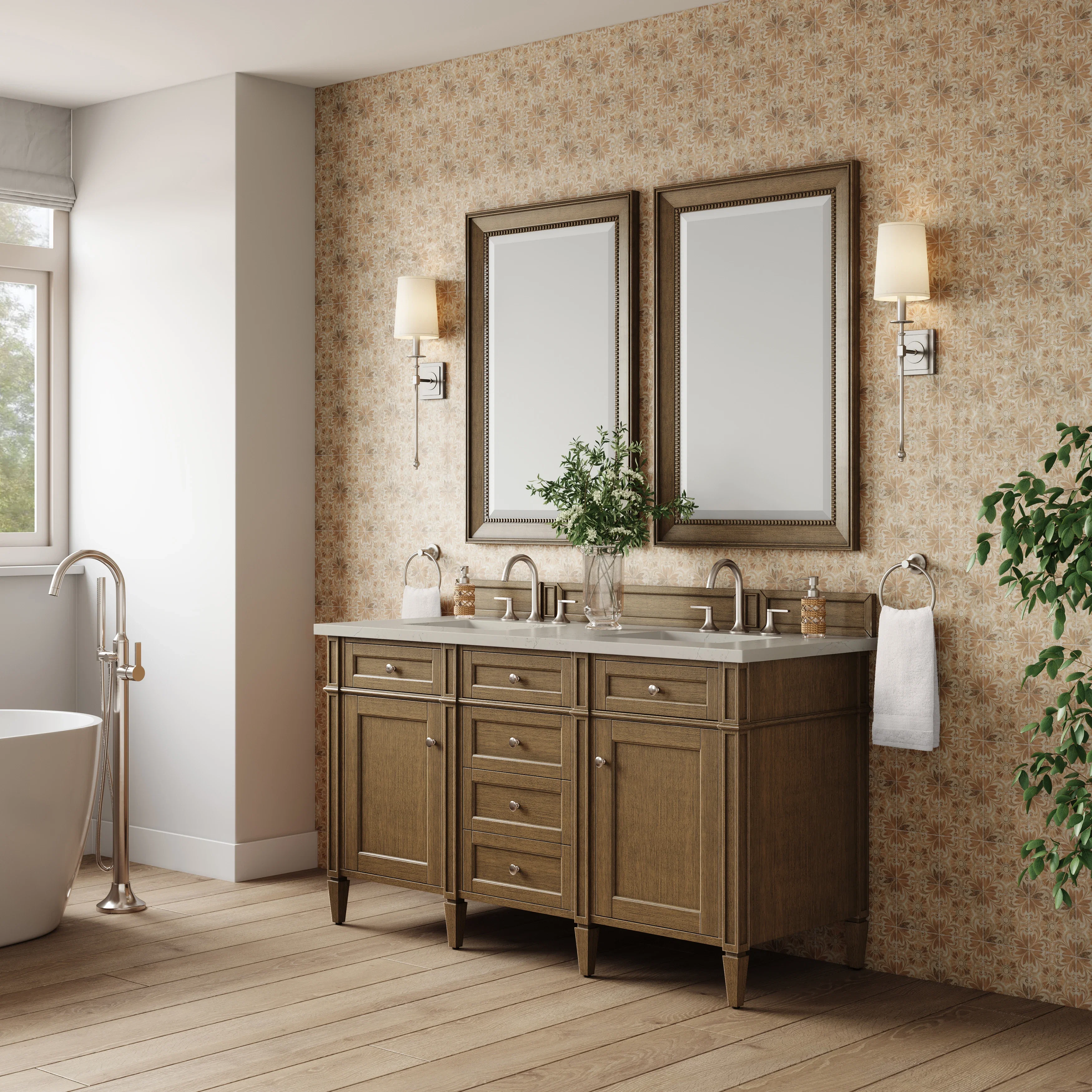 Brittany 60" Double Vanity, Saddle Brown, w/ 3 CM Siberian Silestone Top w/FreePower Wireless Charger