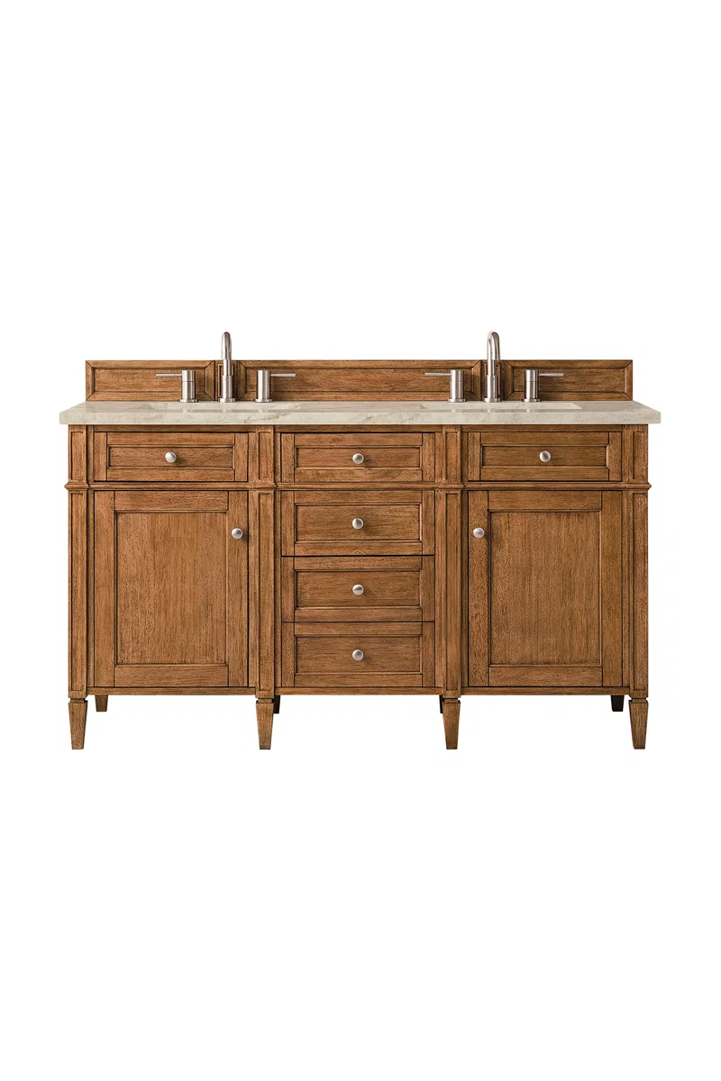 Brittany 60" Double Vanity, Saddle Brown, w/ 3 CM Tajnar Eclos Top w/FreePower Wireless Charger