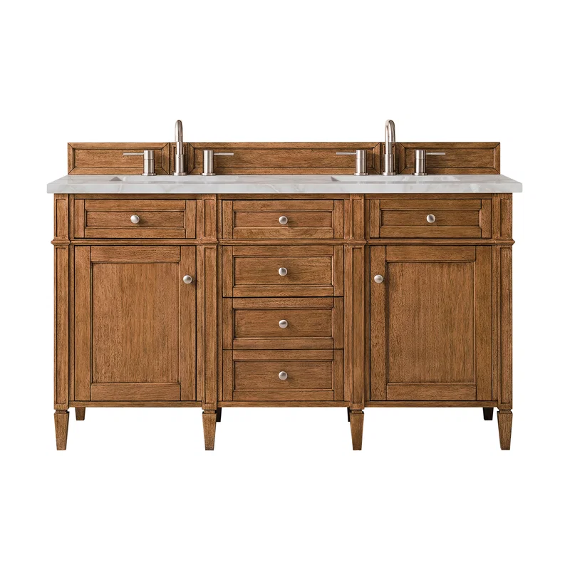 Brittany 60" Double Vanity, Saddle Brown w/ 3 CM Victorian Silver Silestone Top w/FreePower Wireless Charger