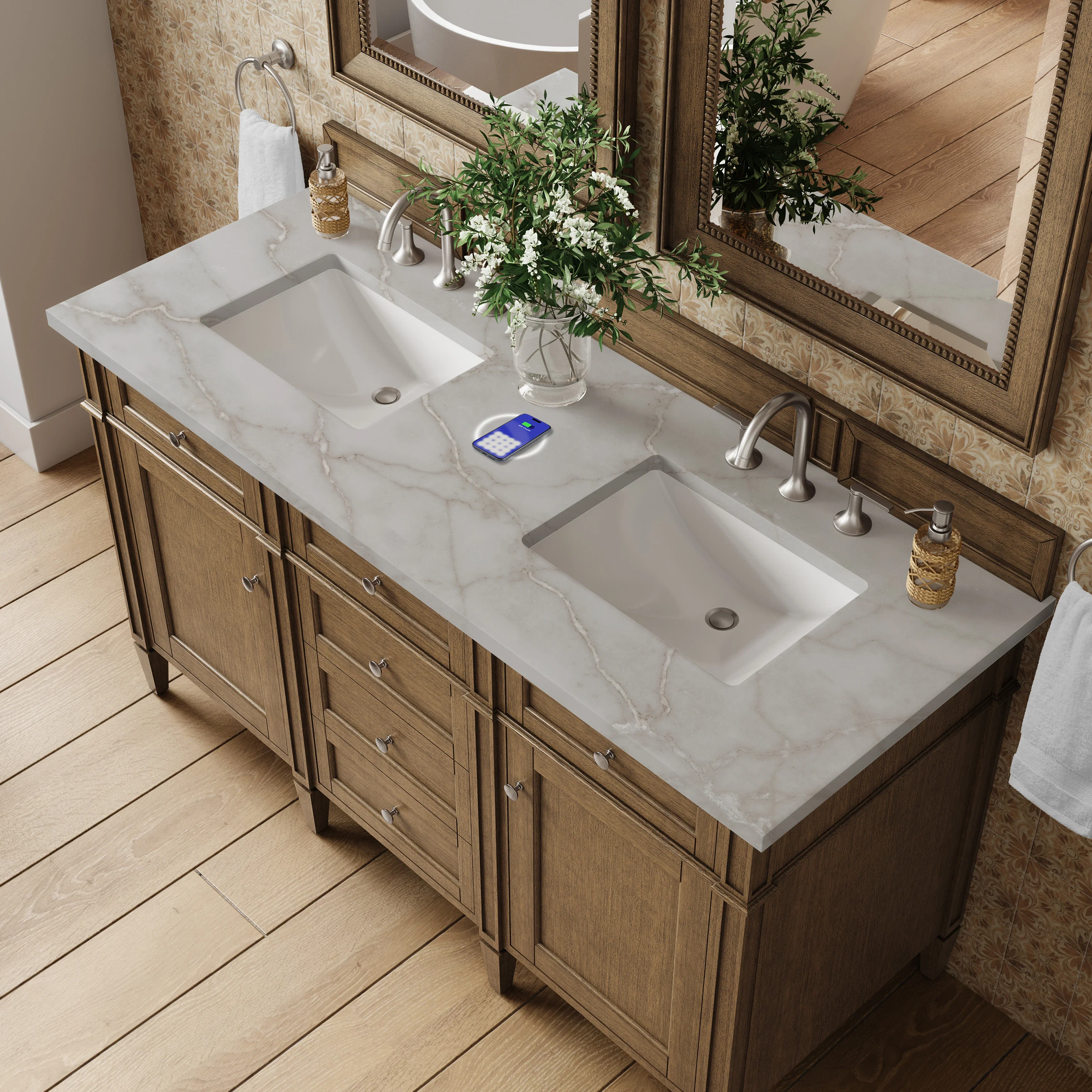 Brittany 60" Double Vanity, Saddle Brown w/ 3 CM Victorian Silver Silestone Top w/FreePower Wireless Charger