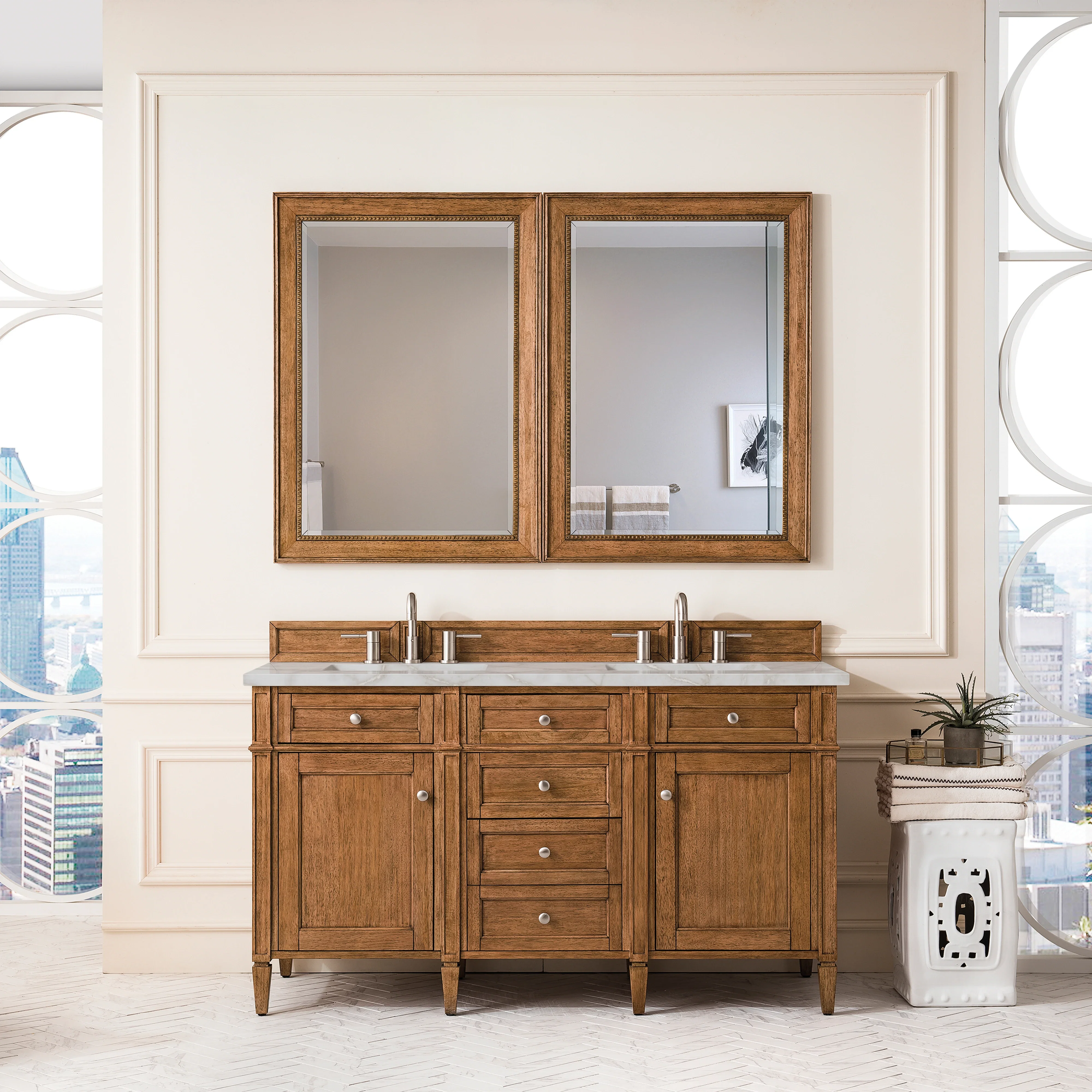 Brittany 60" Double Vanity, Saddle Brown w/ 3 CM Victorian Silver Silestone Top w/FreePower Wireless Charger