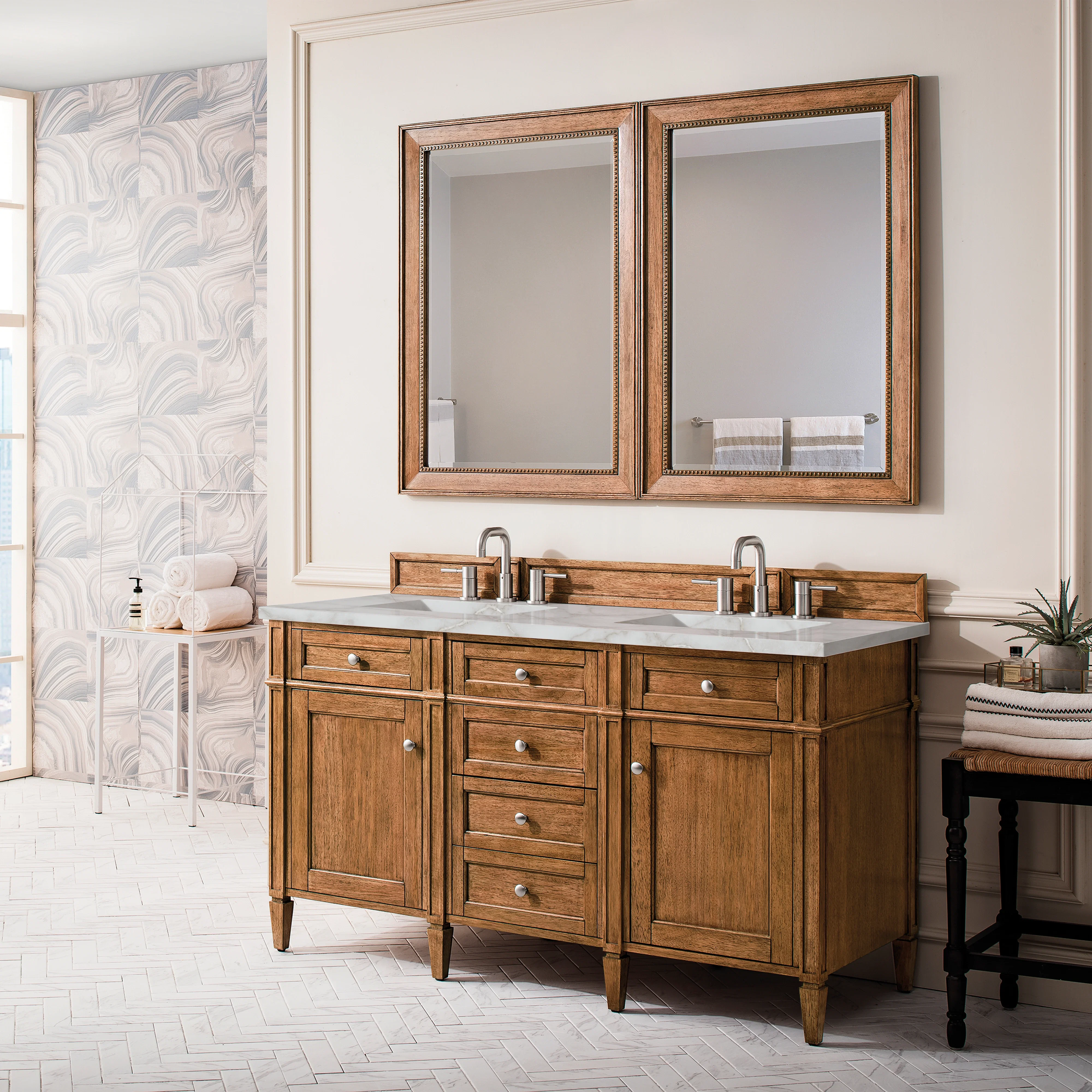 Brittany 60" Double Vanity, Saddle Brown w/ 3 CM Victorian Silver Silestone Top w/FreePower Wireless Charger