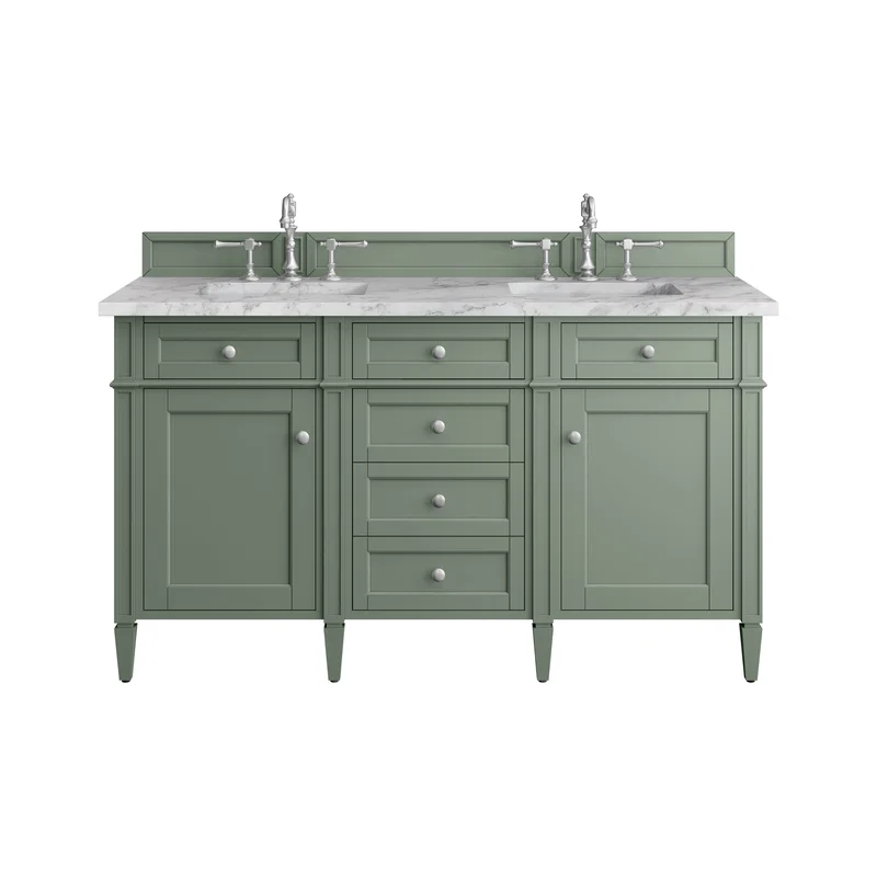 Brittany 60" Double Vanity, Smokey Celadon w/ 3 CM Carrara Marble Top