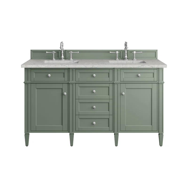 Brittany 60" Double Vanity, Smokey Celadon w/ 3 CM Eternal Jasmine Pearl Top
