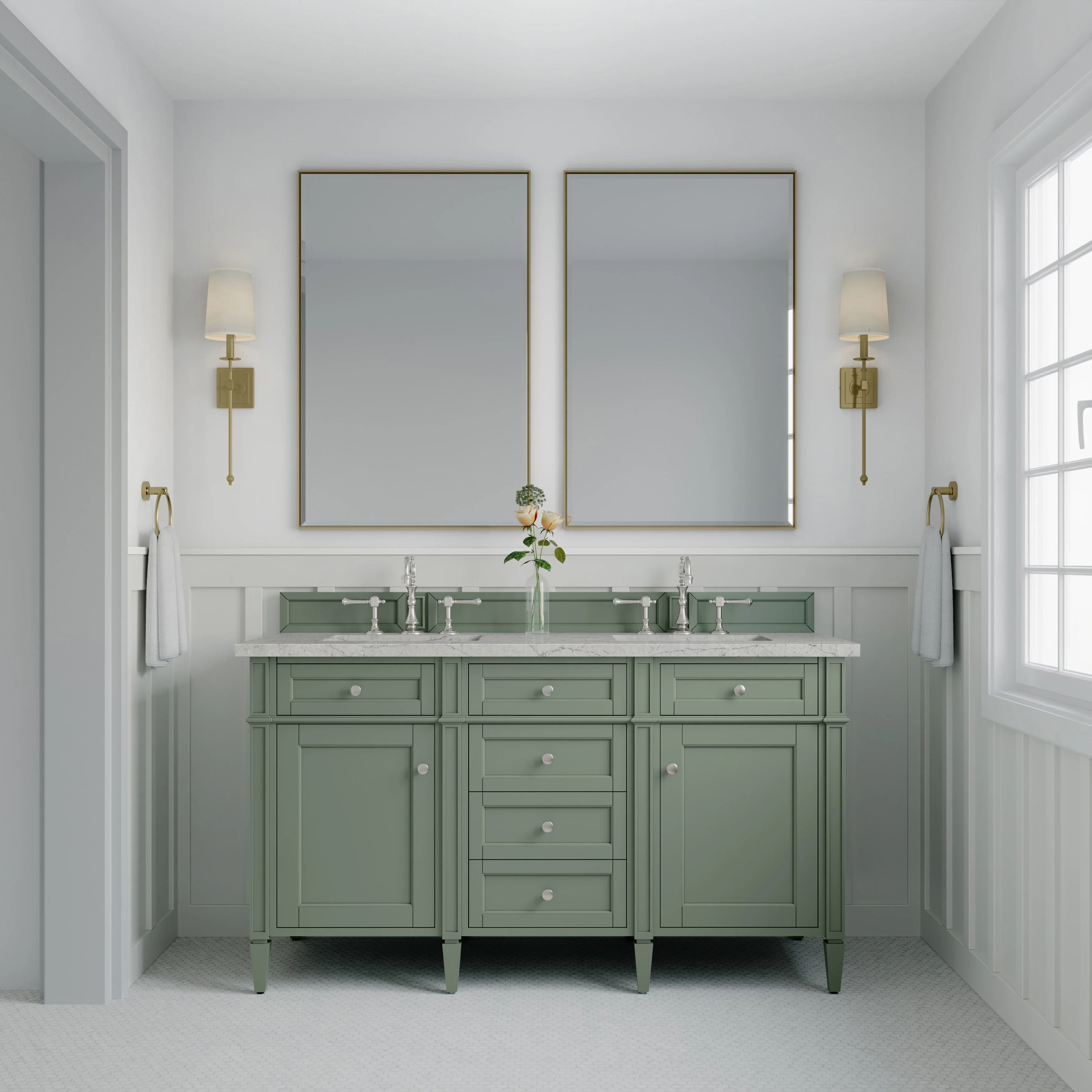 Brittany 60" Double Vanity, Smokey Celadon w/ 3 CM Eternal Jasmine Pearl Top