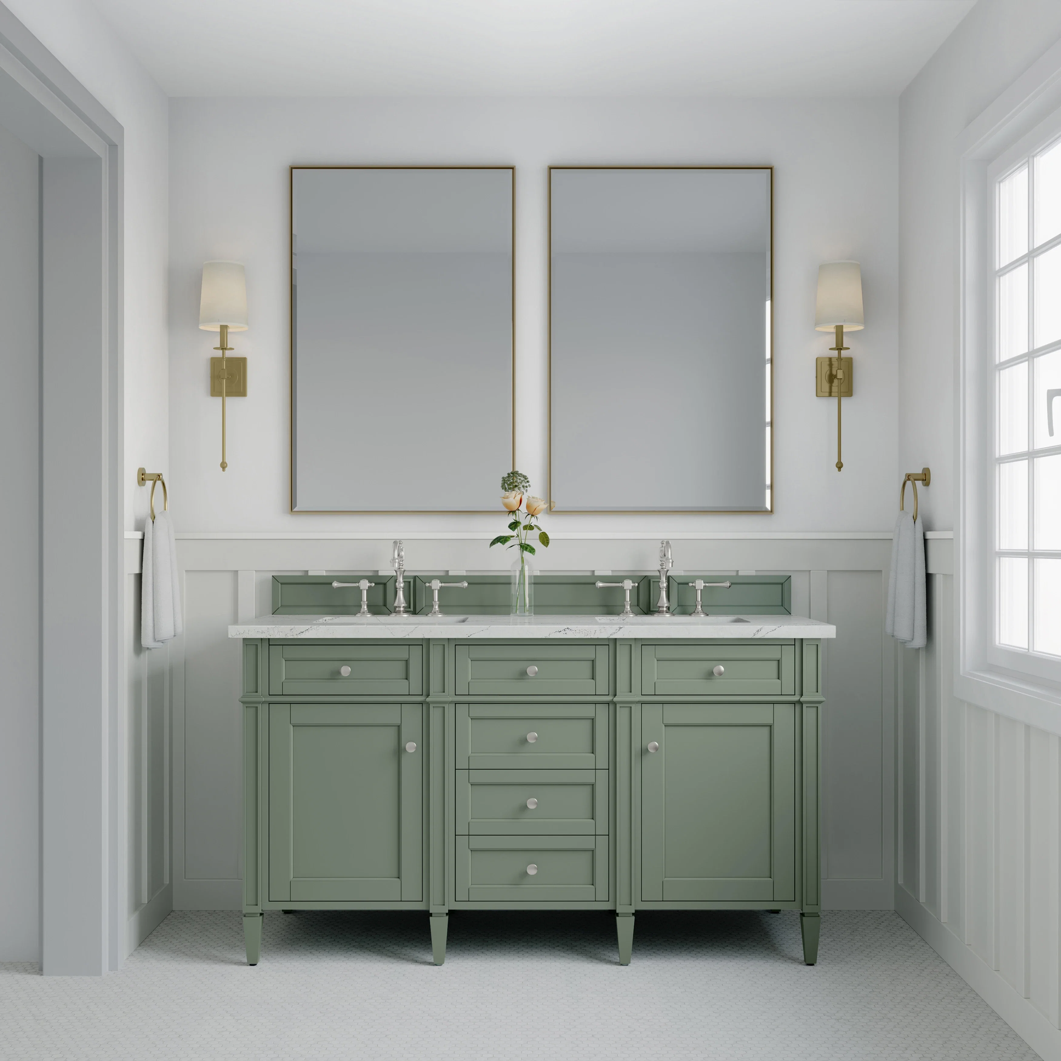 Brittany 60" Double Vanity, Smokey Celadon w/ 3 CM Ethereal Noctis Top