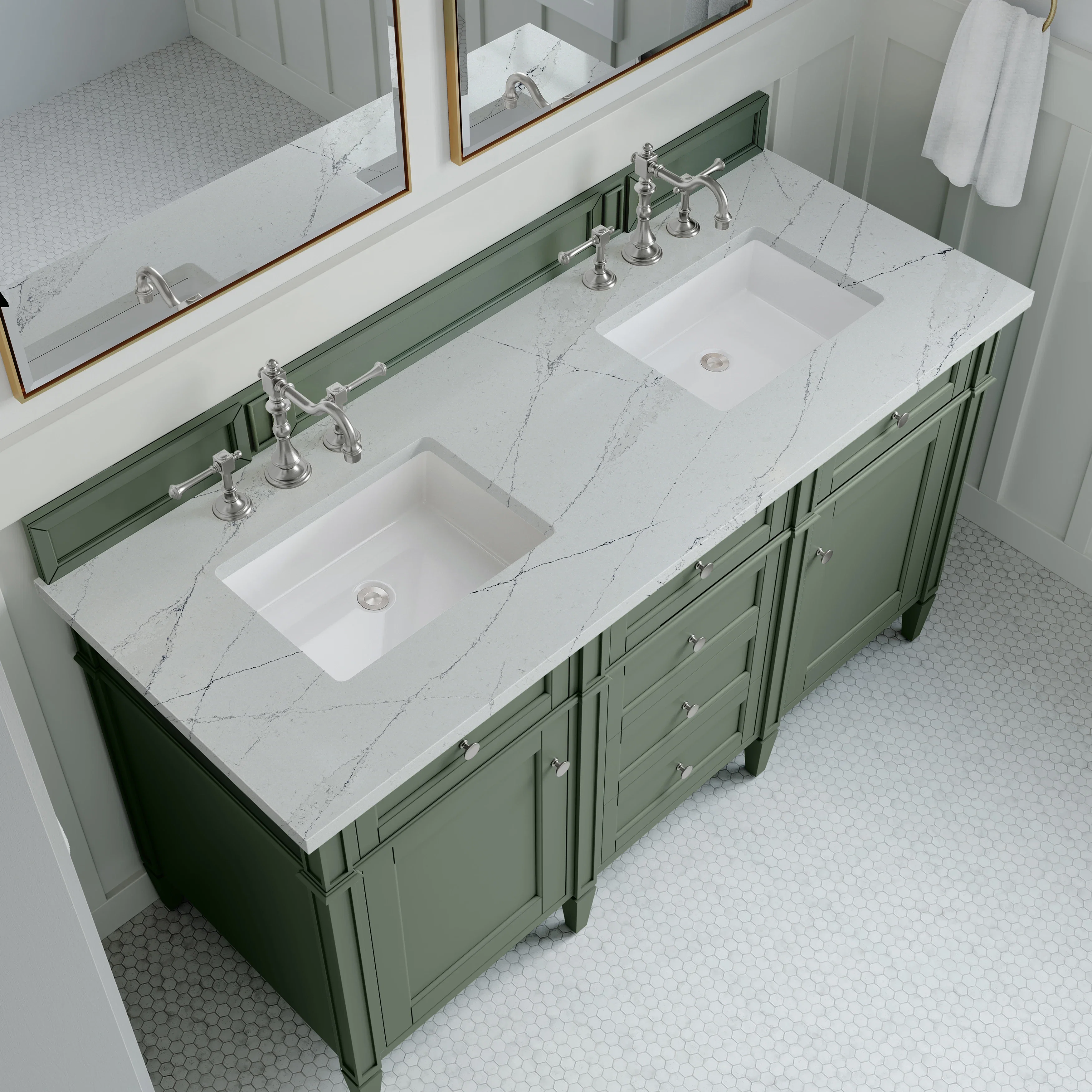 Brittany 60" Double Vanity, Smokey Celadon w/ 3 CM Ethereal Noctis Top