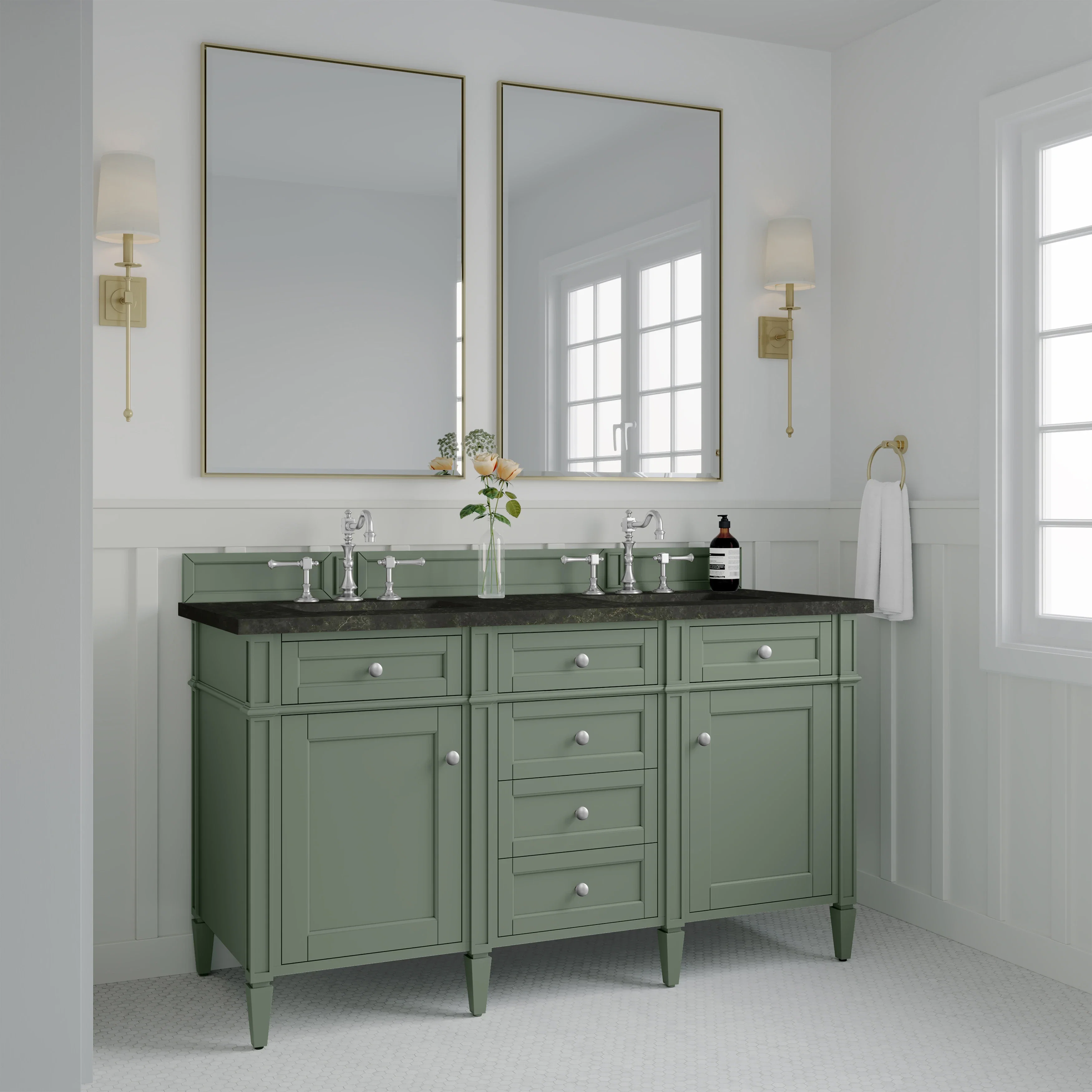 Brittany 60" Double Vanity, Smokey Celadon, w/ 3 CM Phantome Eclos Top