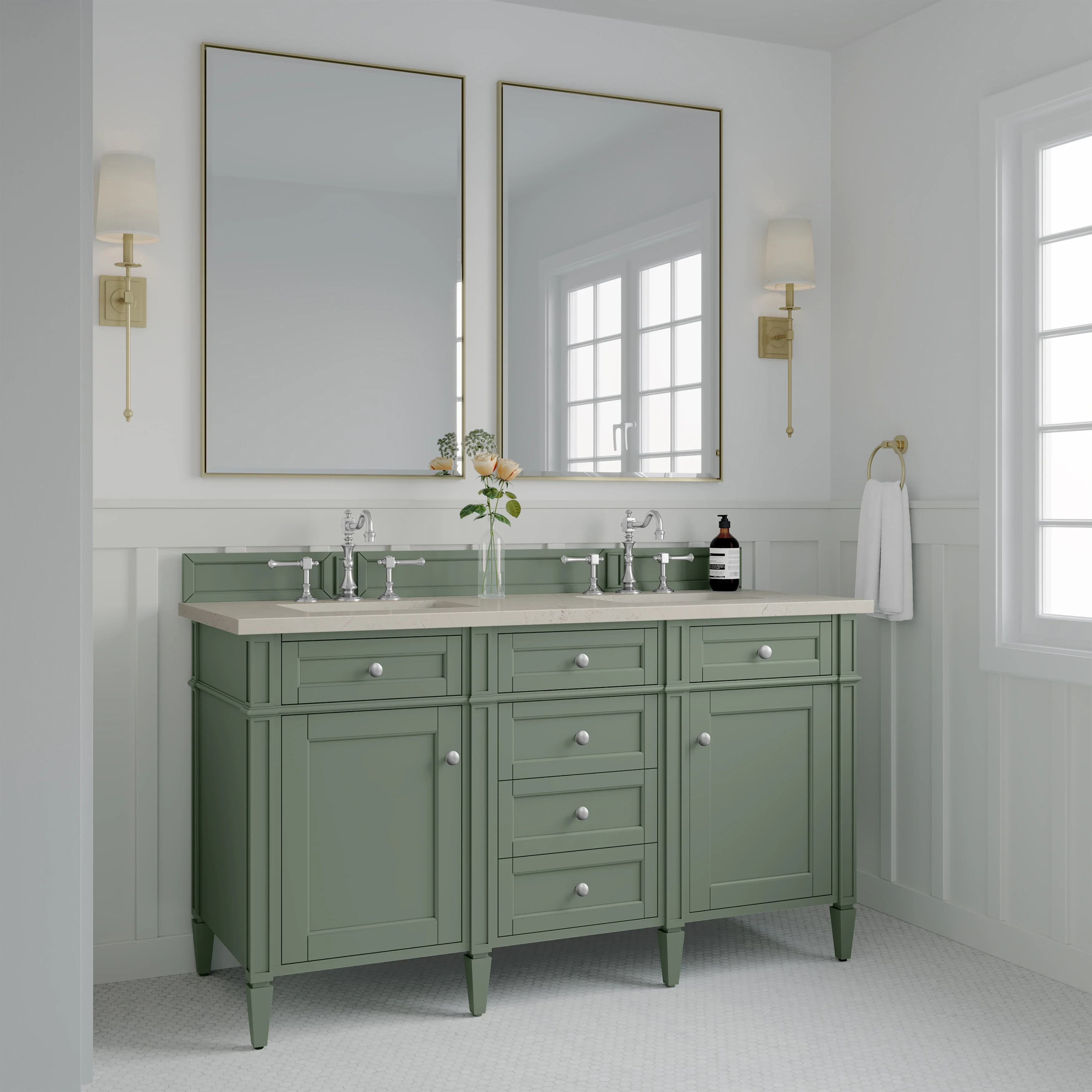 Brittany 60" Double Vanity, Smokey Celadon, w/ 3 CM Siberian Silestone Top
