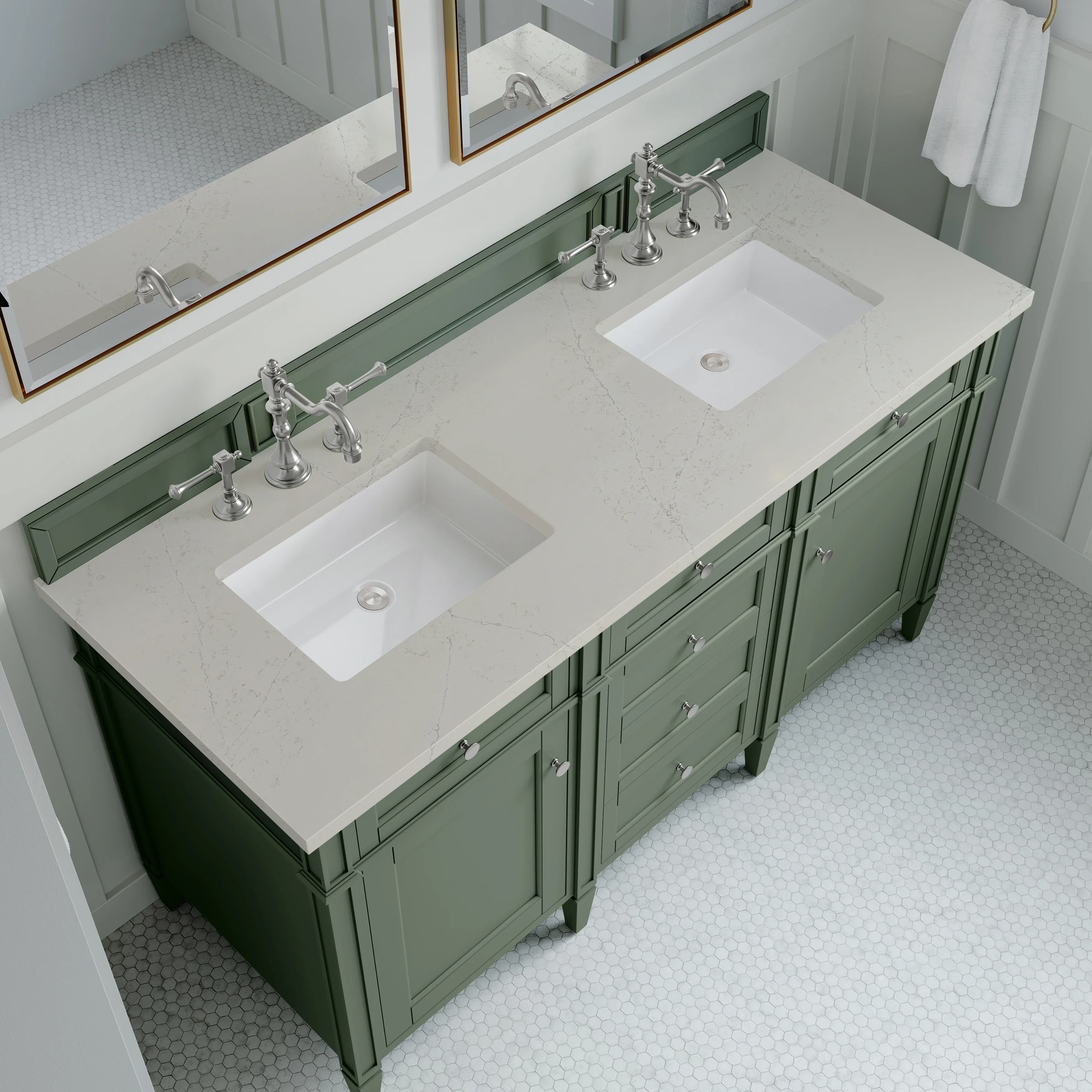 Brittany 60" Double Vanity, Smokey Celadon, w/ 3 CM Siberian Silestone Top