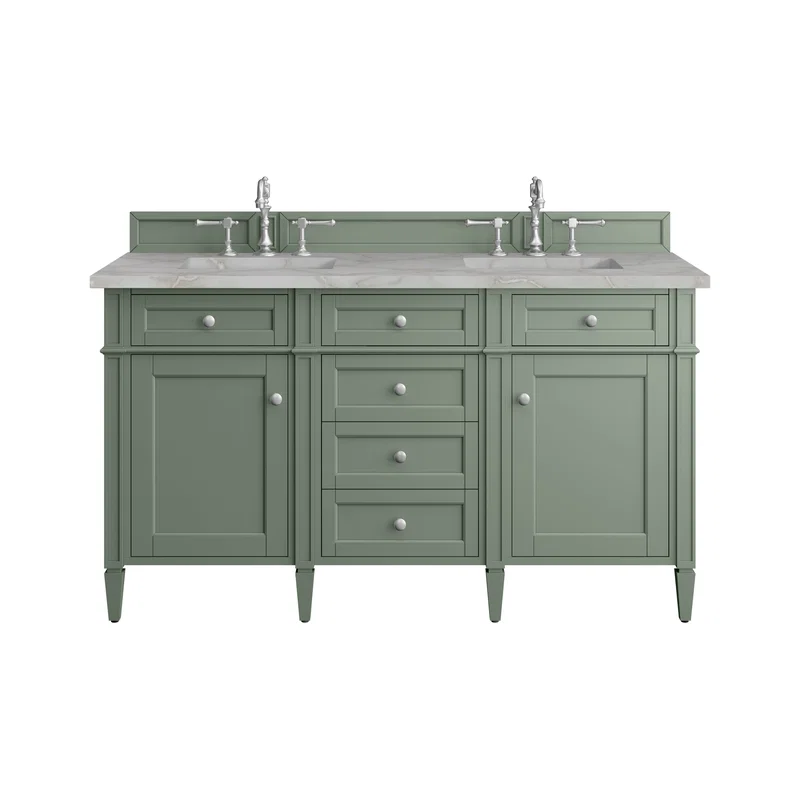 Brittany 60" Double Vanity, Smokey Celadon w/ 3 CM Victorian Silver Top
