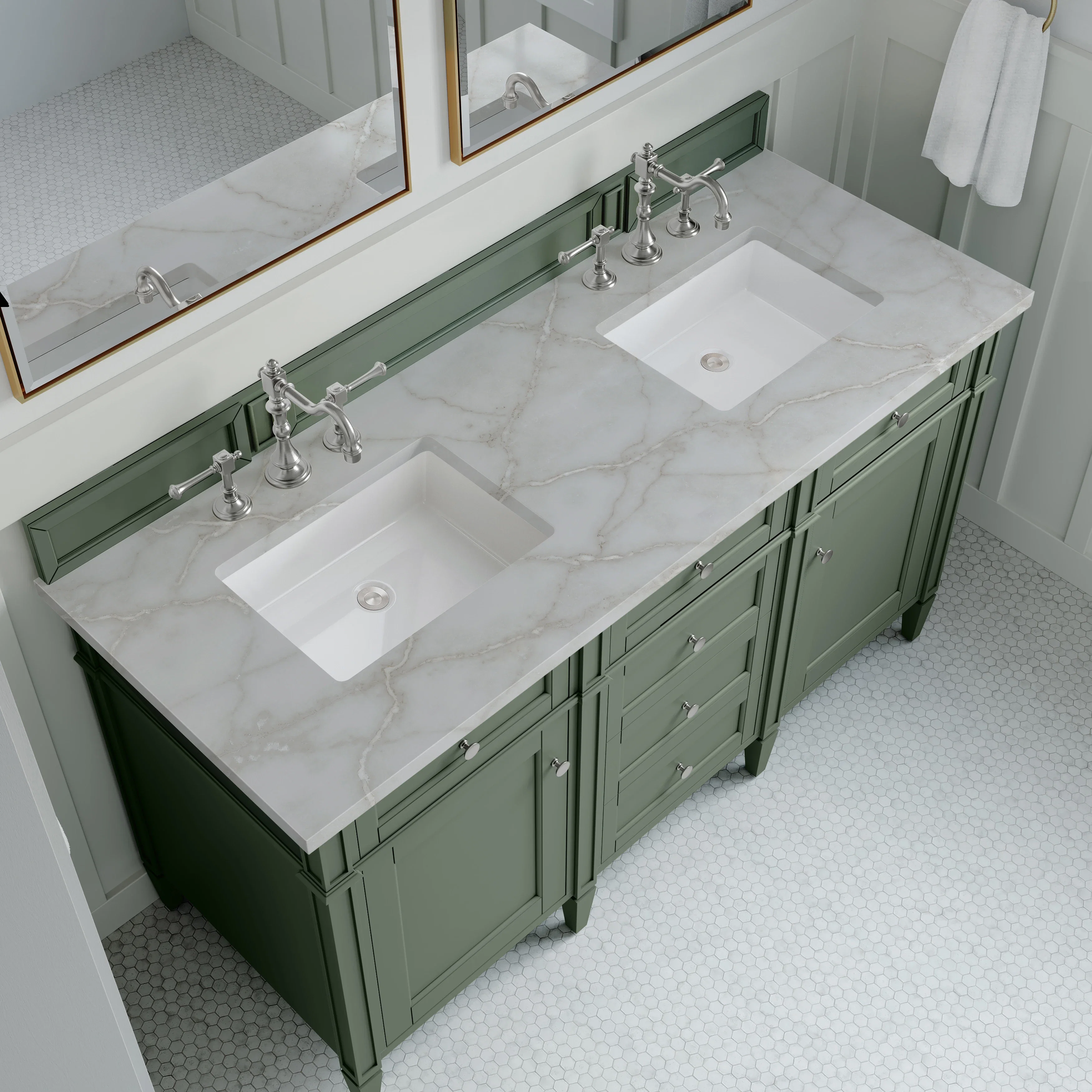 Brittany 60" Double Vanity, Smokey Celadon w/ 3 CM Victorian Silver Top