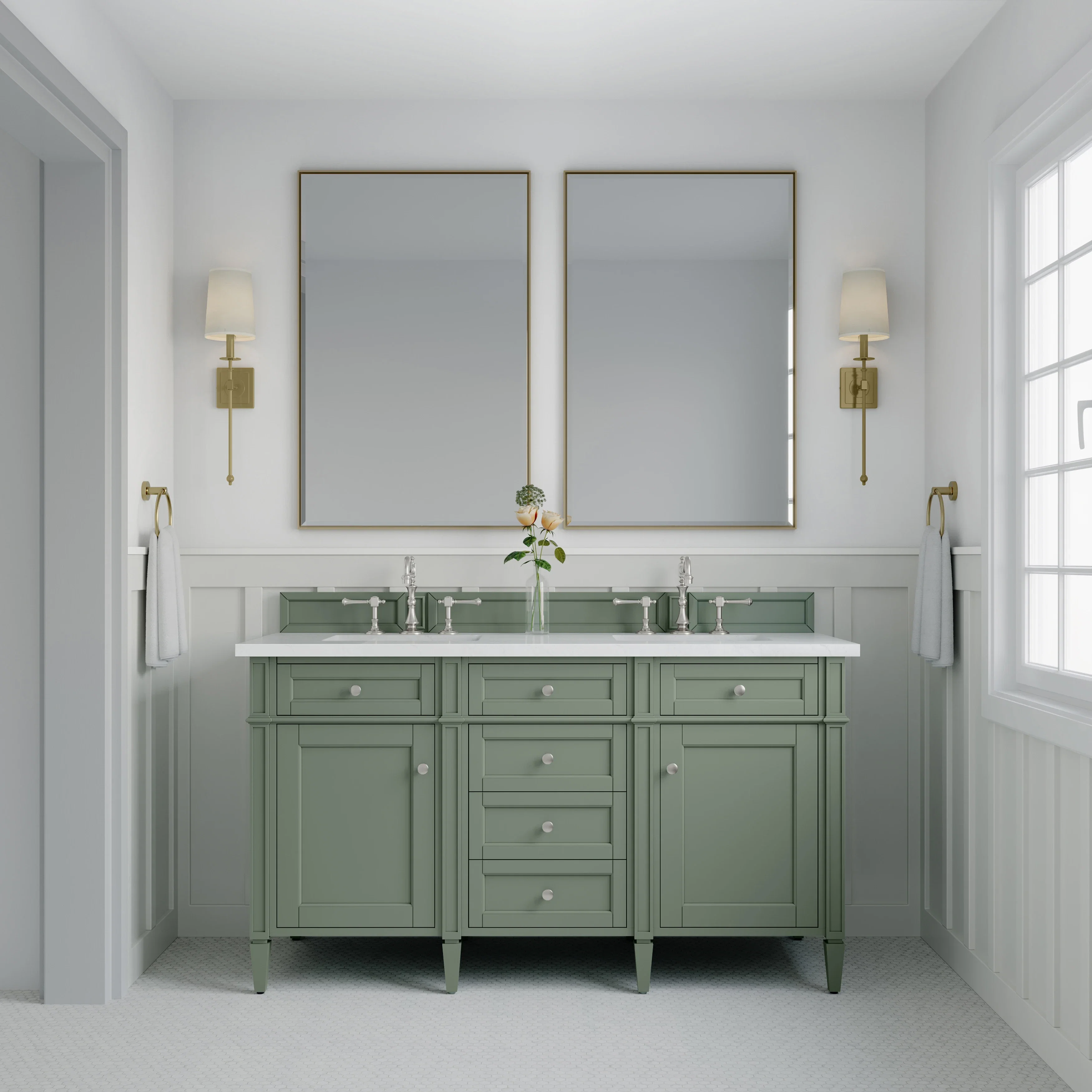 Brittany 60" Double Vanity, Smokey Celadon w/ 3 CM White Zeus Top